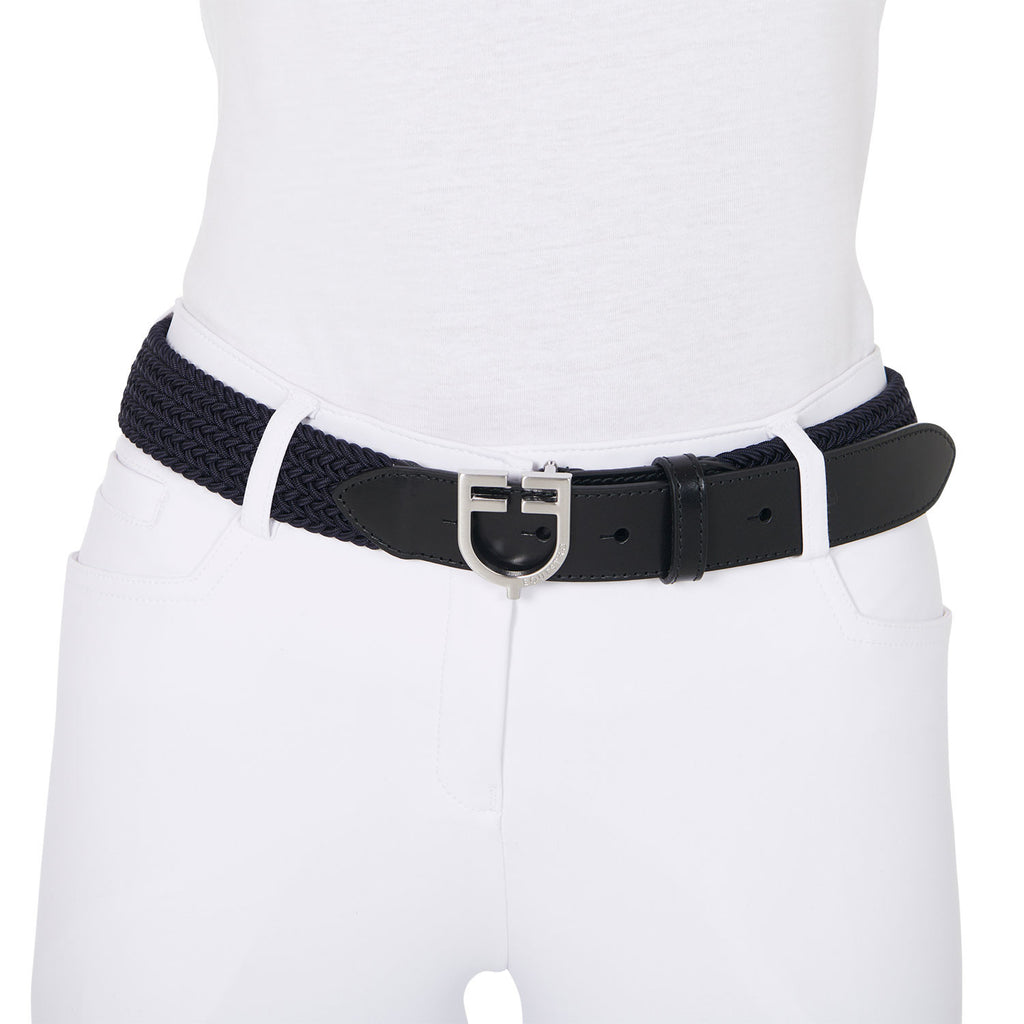 Leather elastic belt with logoed buckle