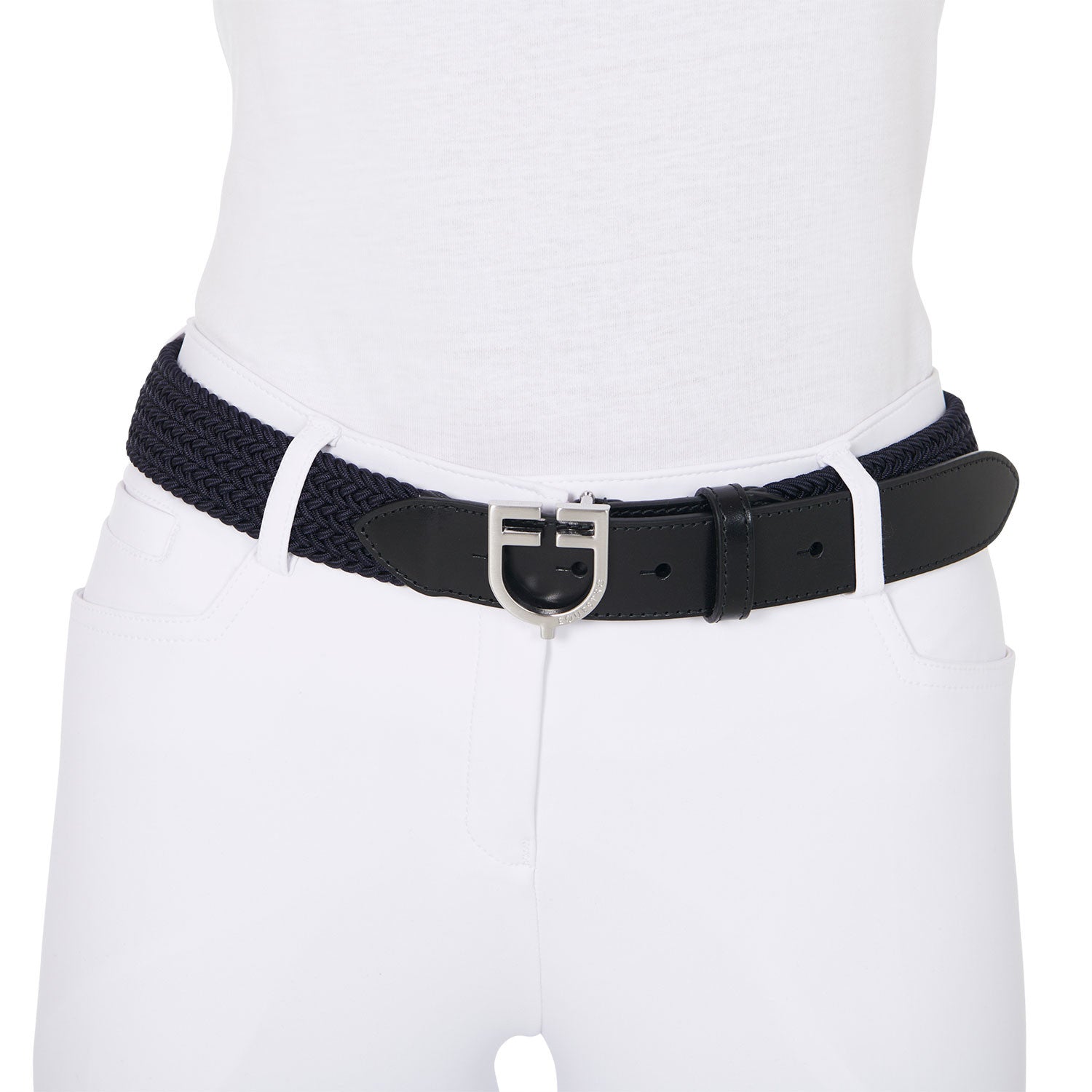 Leather elastic belt with logoed buckle