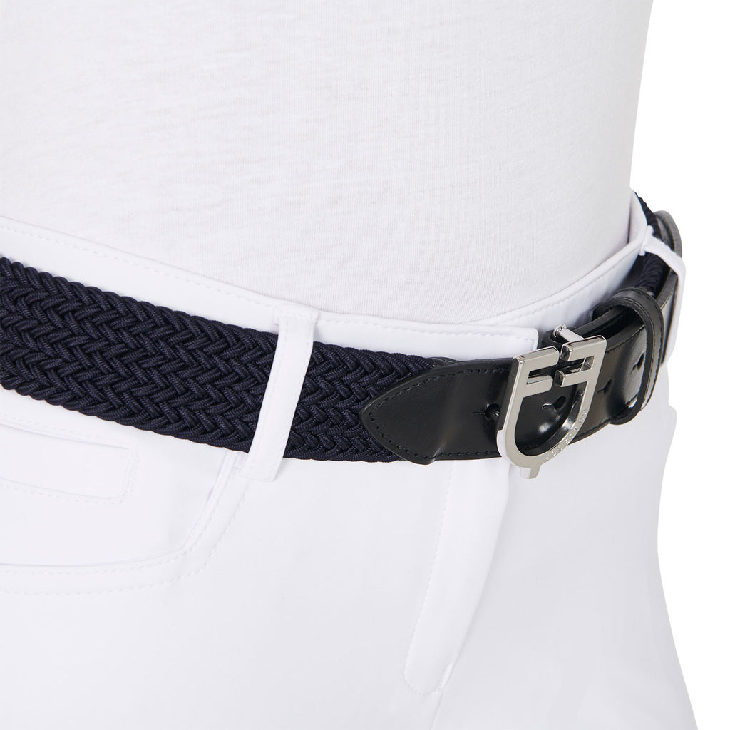 Leather elastic belt with logoed buckle