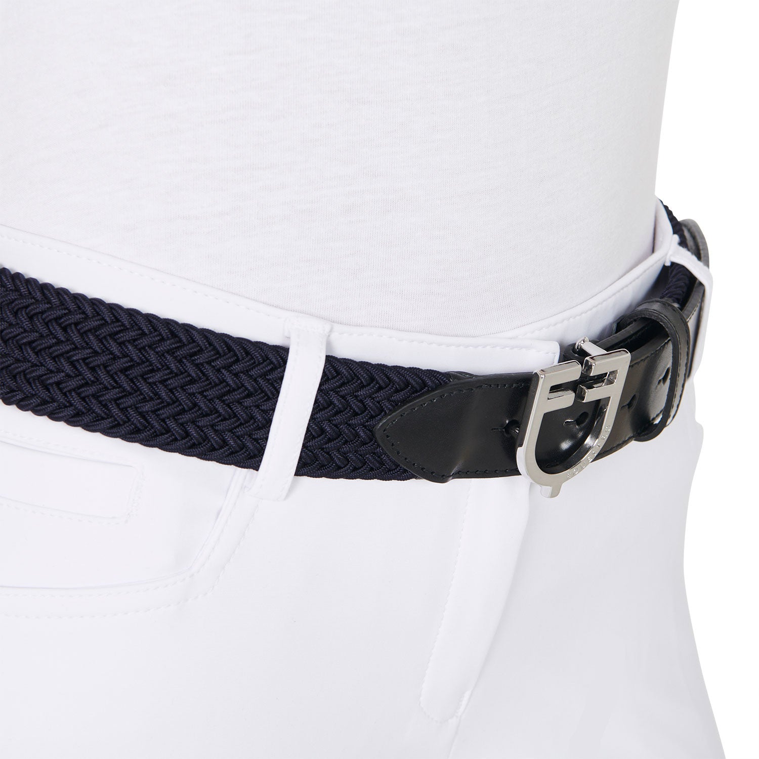 Leather elastic belt with logoed buckle