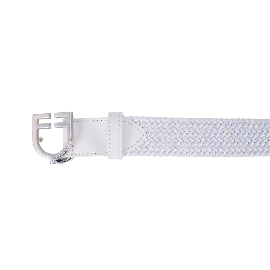 Leather elastic belt with logoed buckle