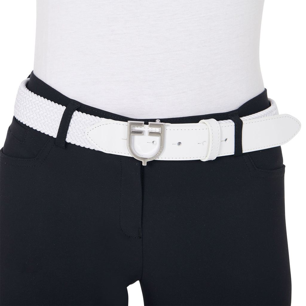 Leather elastic belt with logoed buckle