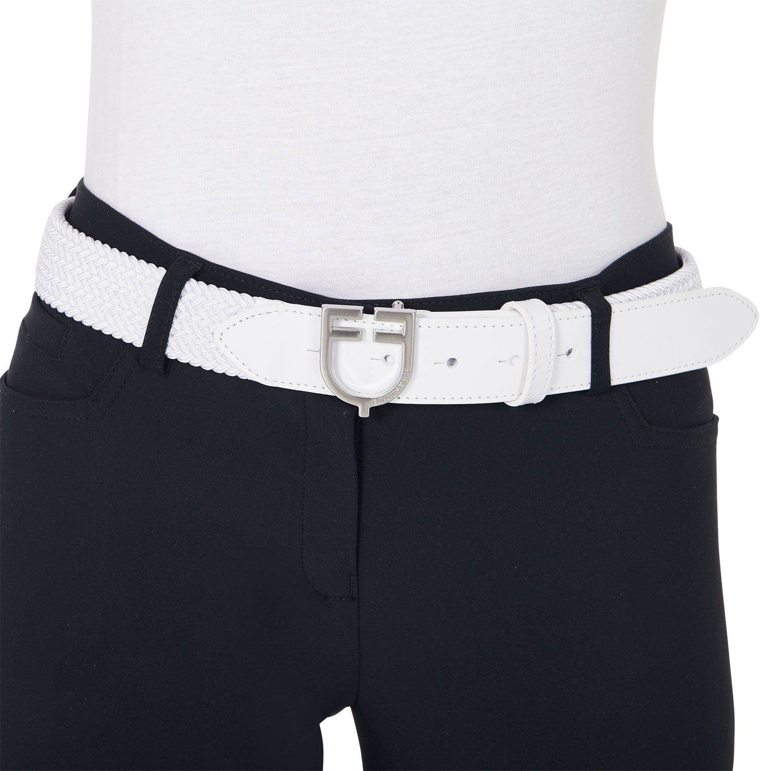 Leather elastic belt with logoed buckle