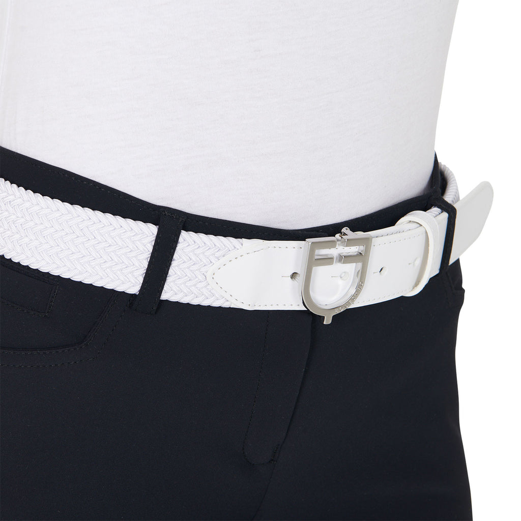 Leather elastic belt with logoed buckle