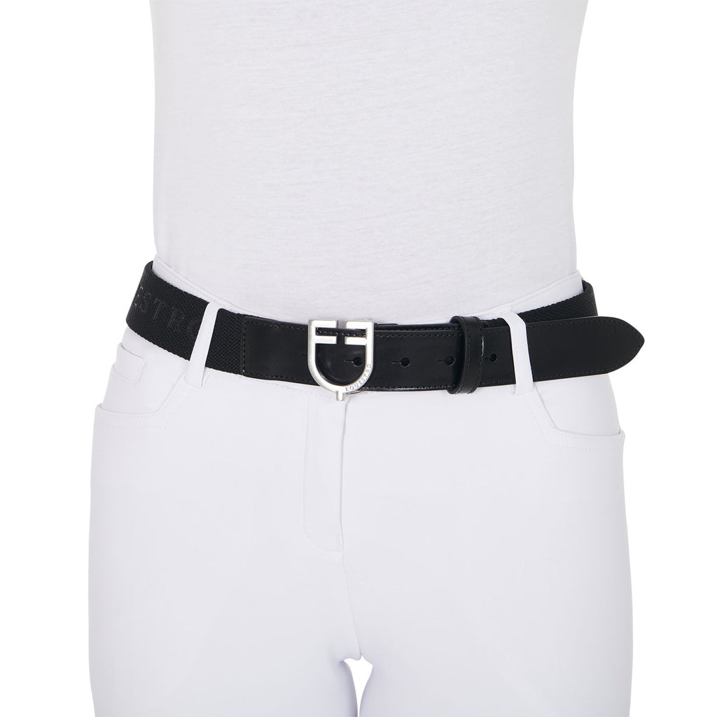 Leather belt with elastic and lettering