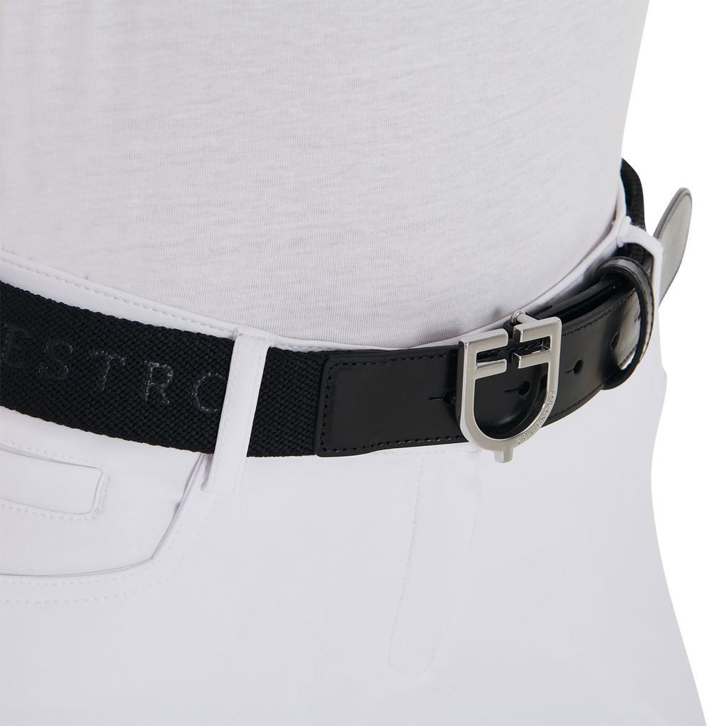 Leather belt with elastic and lettering