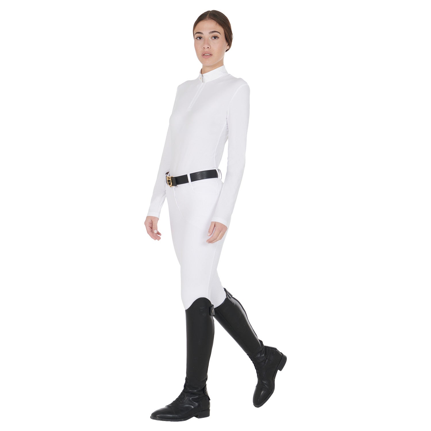Women's long sleeved polo shirt in technical fleece fabric