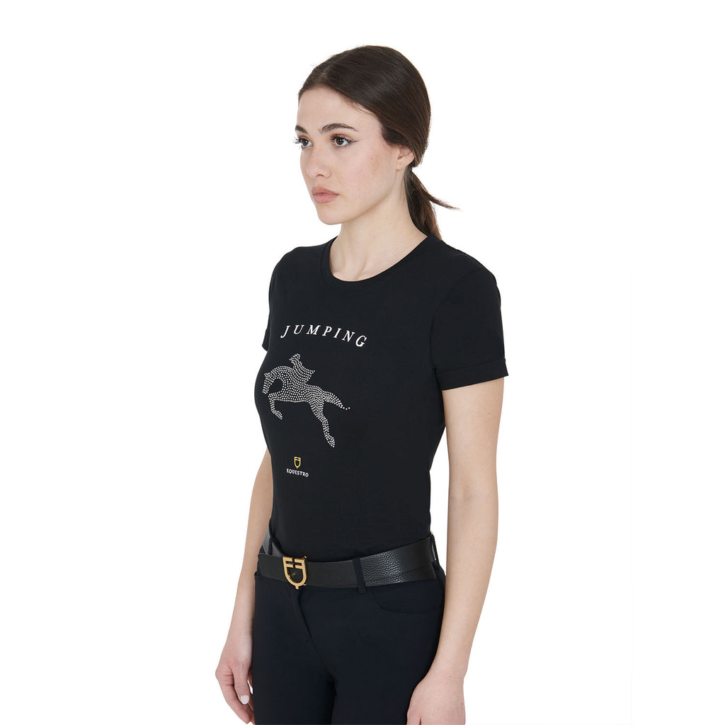 Women's slim fit t-shirt jumping with rhinestone