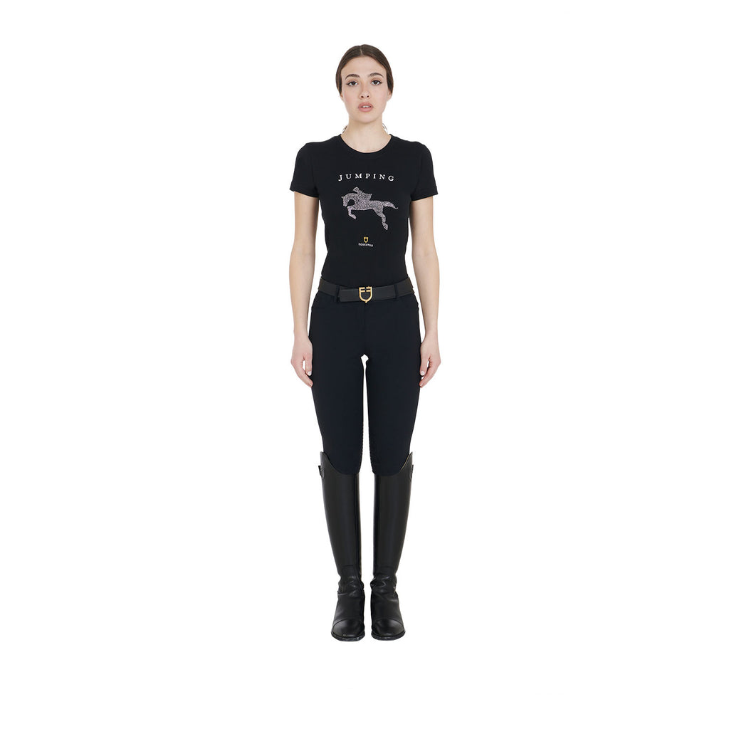 Women's slim fit t-shirt jumping with rhinestone