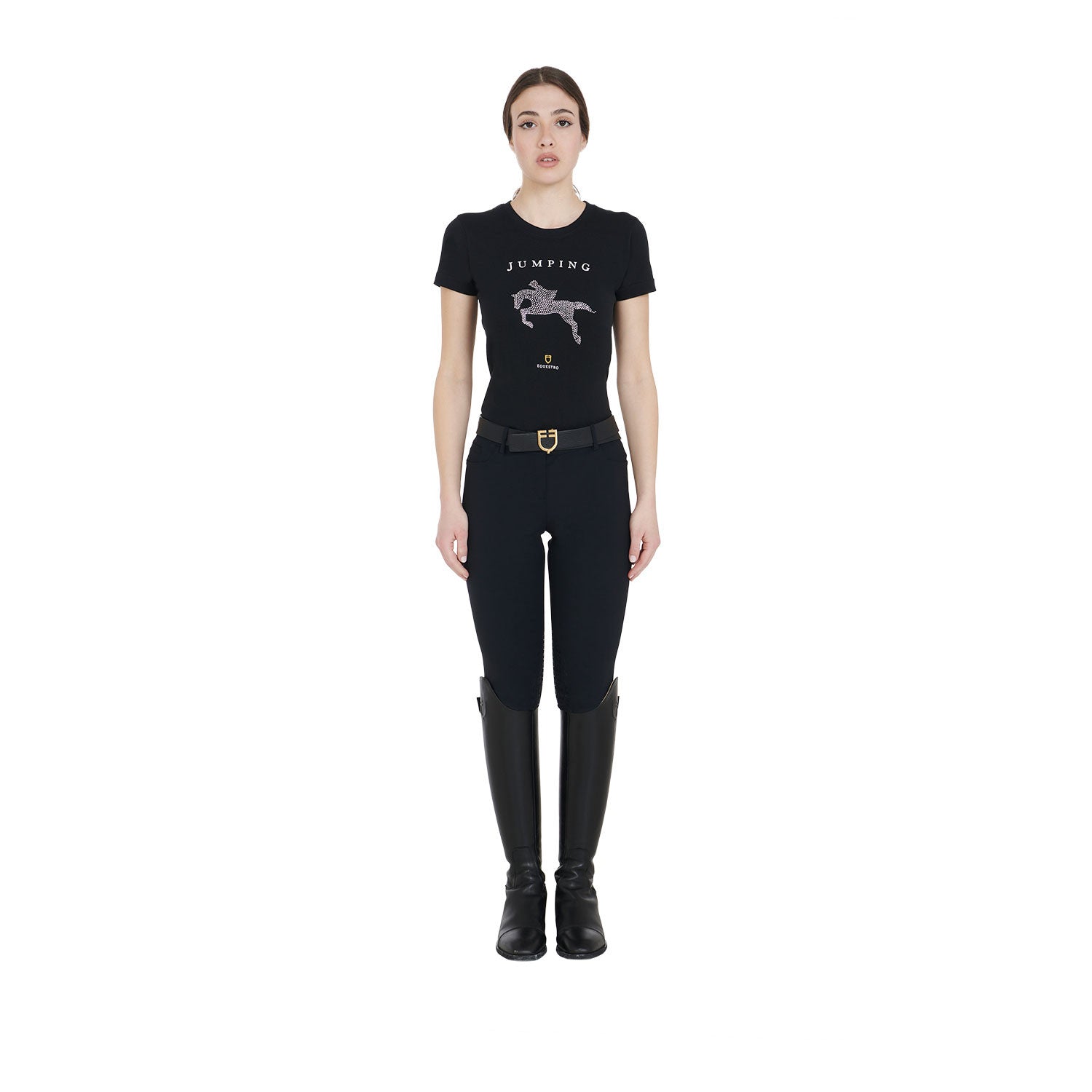Women's slim fit t-shirt jumping with rhinestone