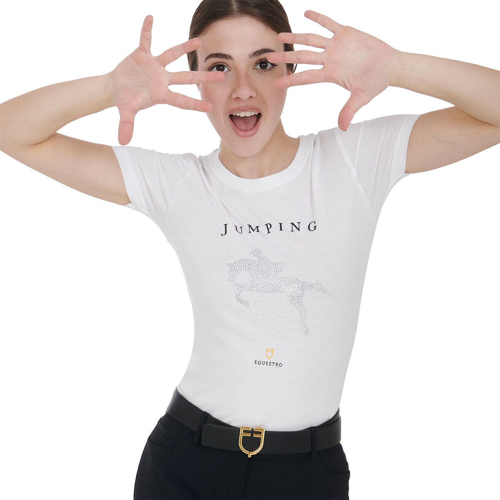 Women's slim fit t-shirt jumping with rhinestone