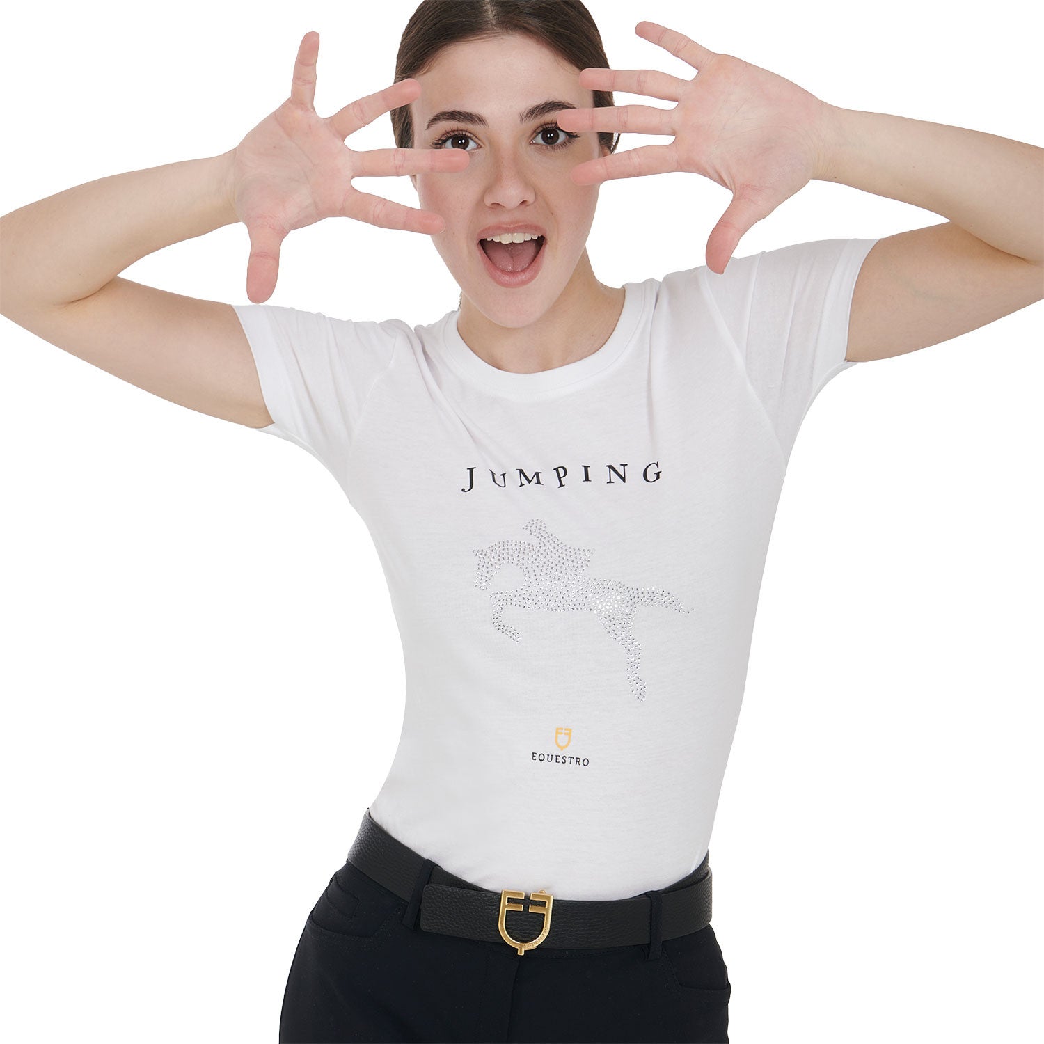 Women's slim fit t-shirt jumping with rhinestone