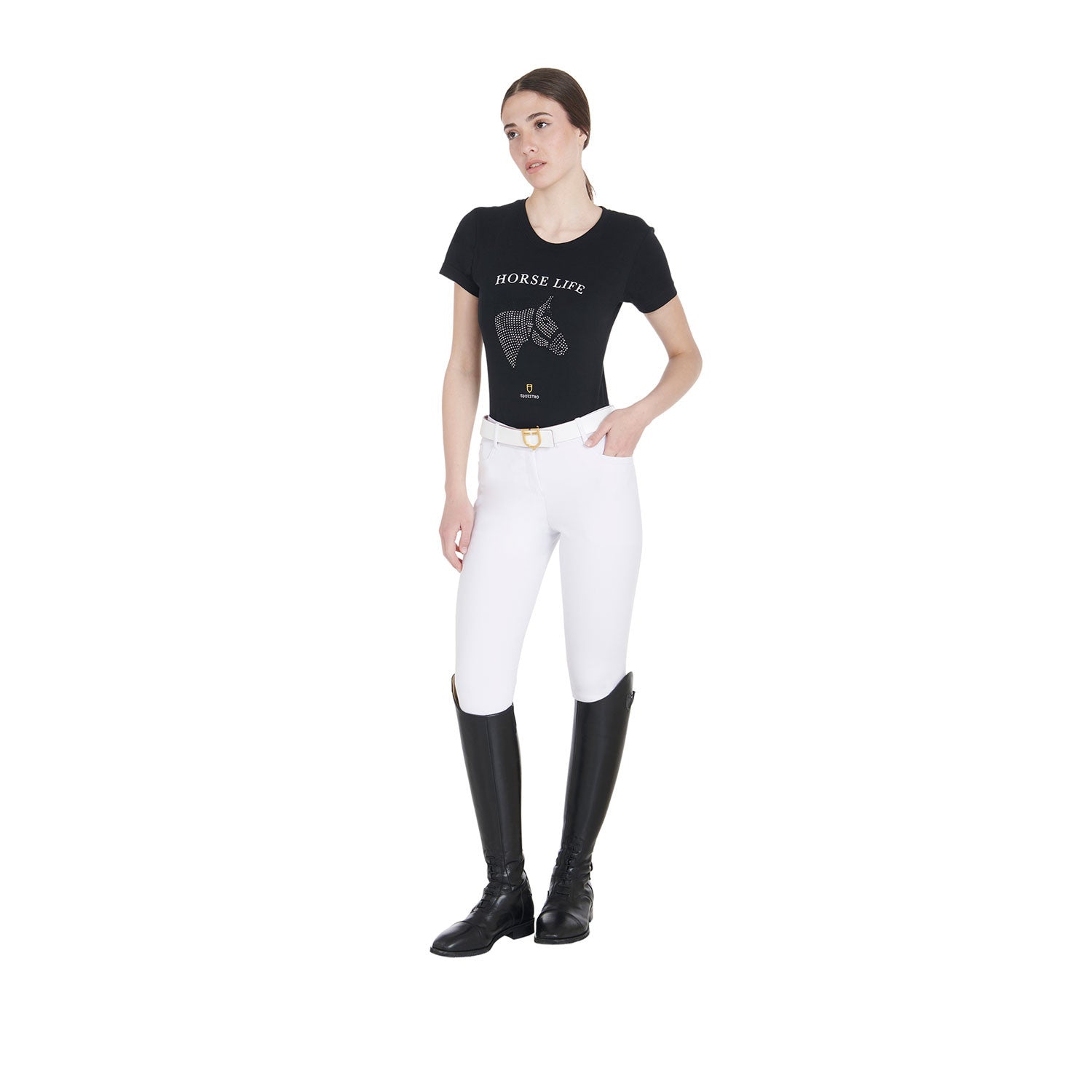 Women's slim fit t-shirt horse life with rhinestone