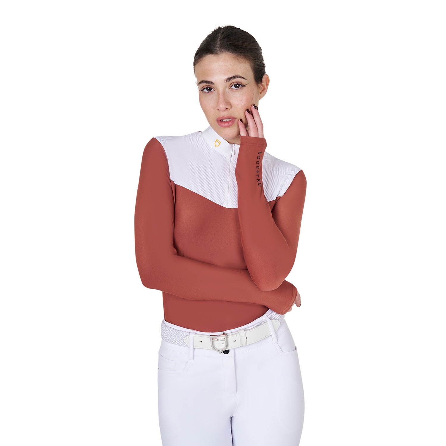 Equestro Women's competition polo shirt in technical and mesh fabric