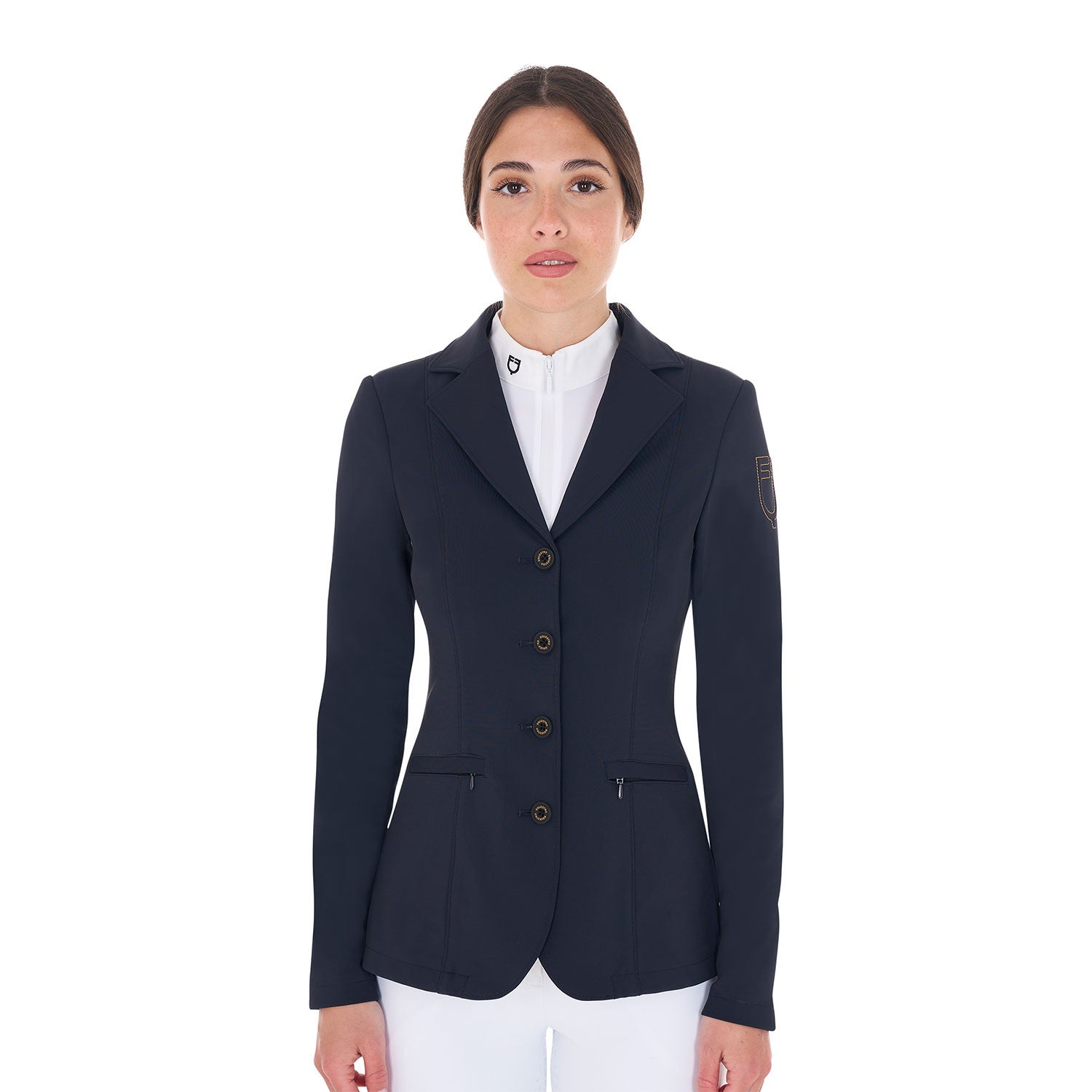 Equestro Women's competition jacket with contrasting embroidered logo