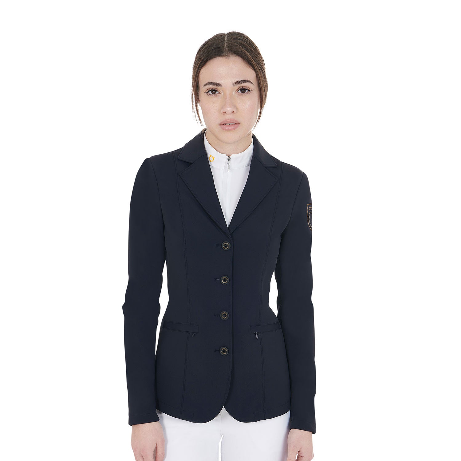 Equestro Women's competition jacket with contrasting embroidered logo