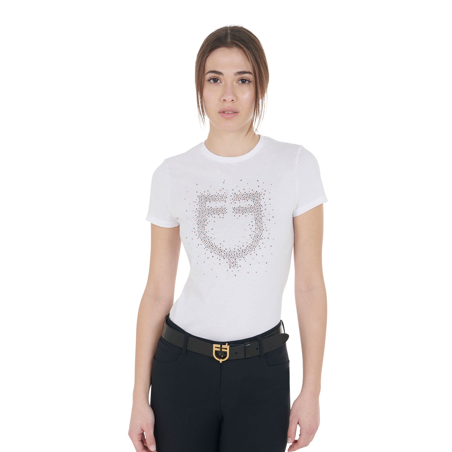 Equestro Women's slim fit T-shirt pink rhinestones