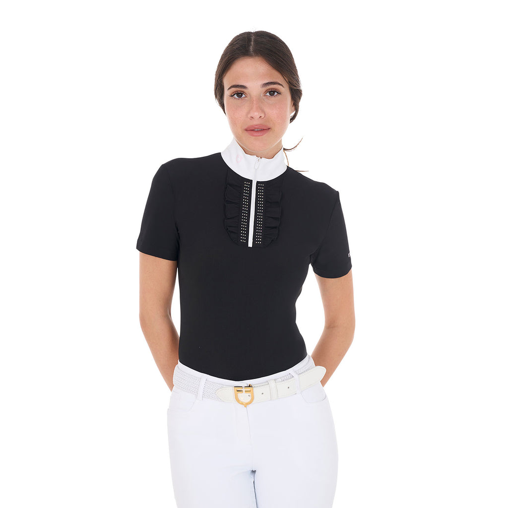 Women's slim fit competition polo shirt with ruffles and rhinestones