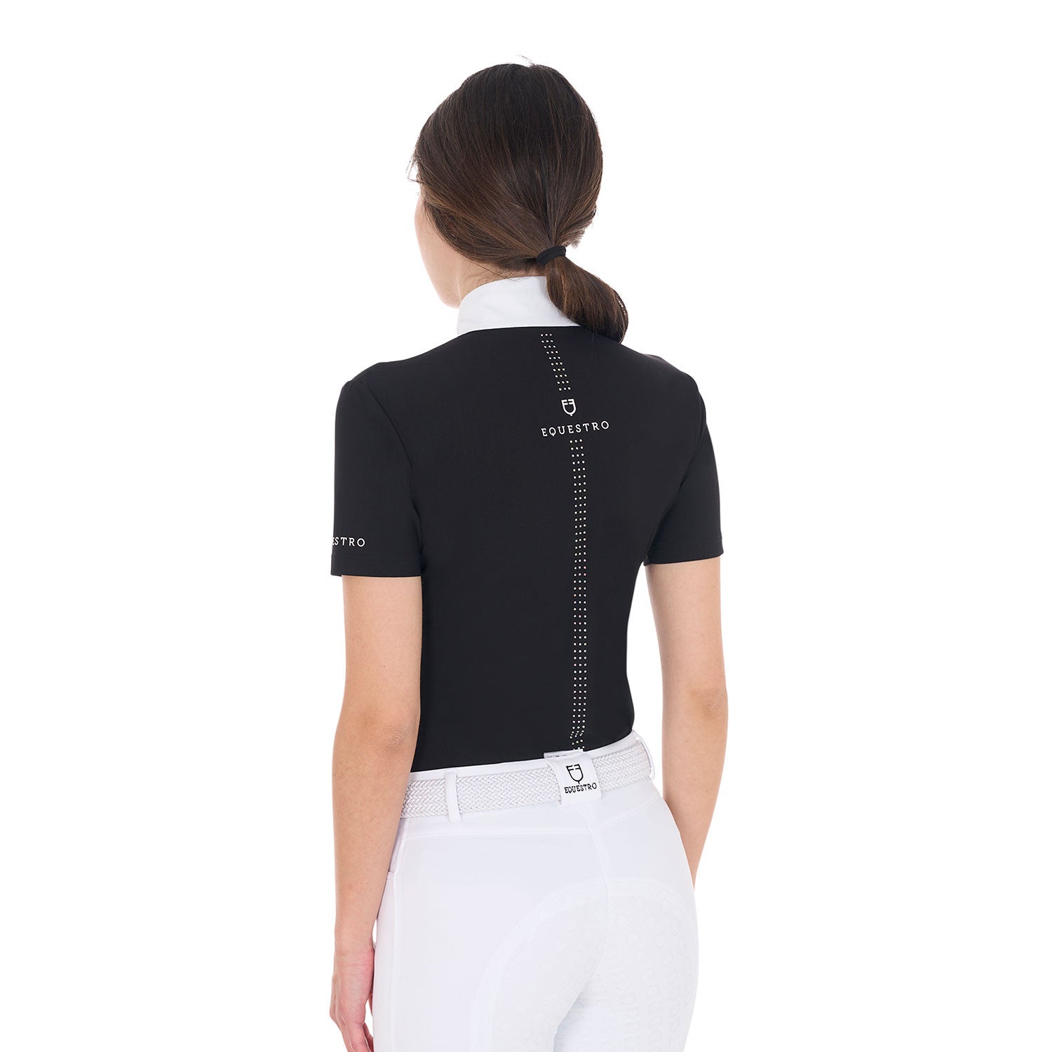 Women's slim fit competition polo shirt with ruffles and rhinestones