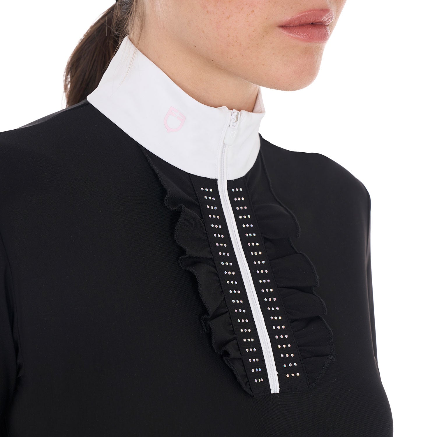 Women's slim fit competition polo shirt with ruffles and rhinestones
