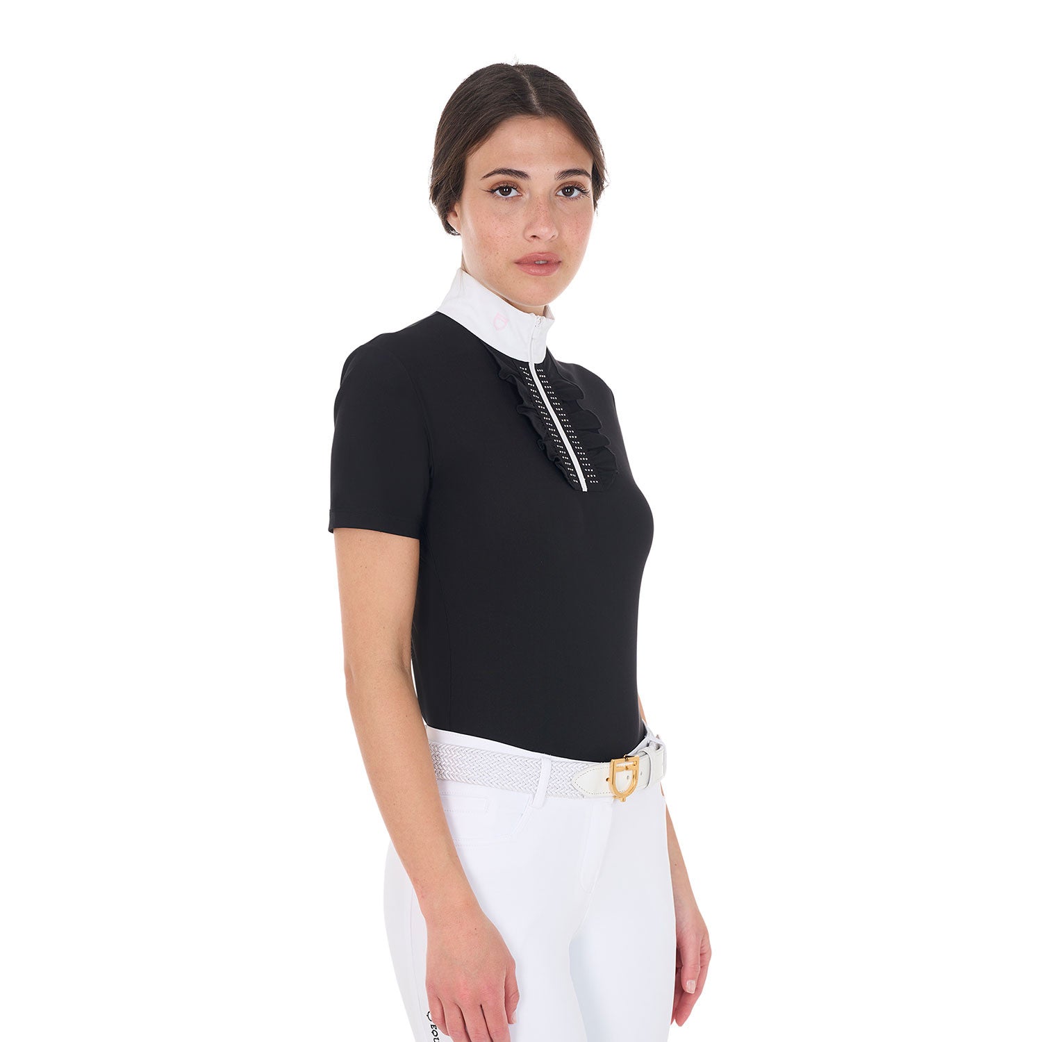 Women's slim fit competition polo shirt with ruffles and rhinestones