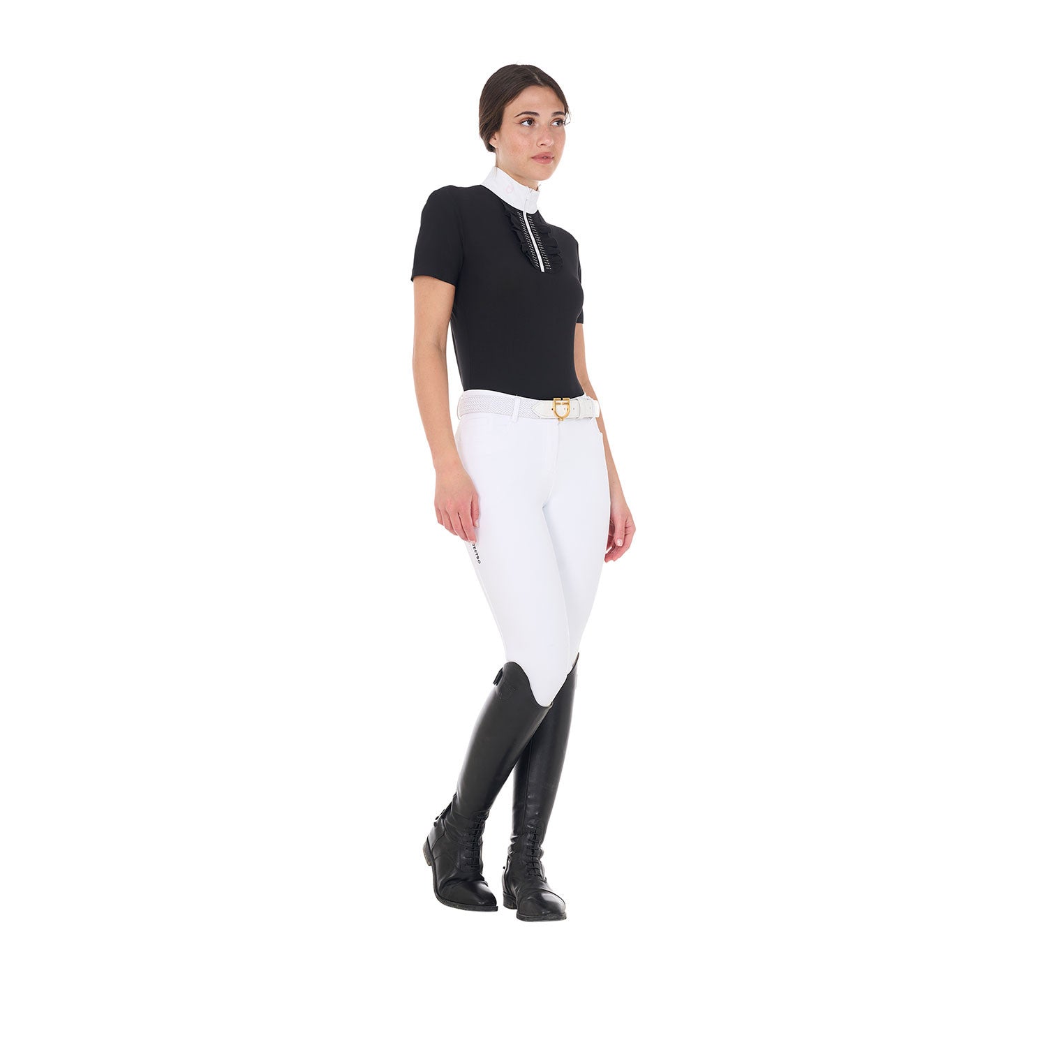 Women's slim fit competition polo shirt with ruffles and rhinestones