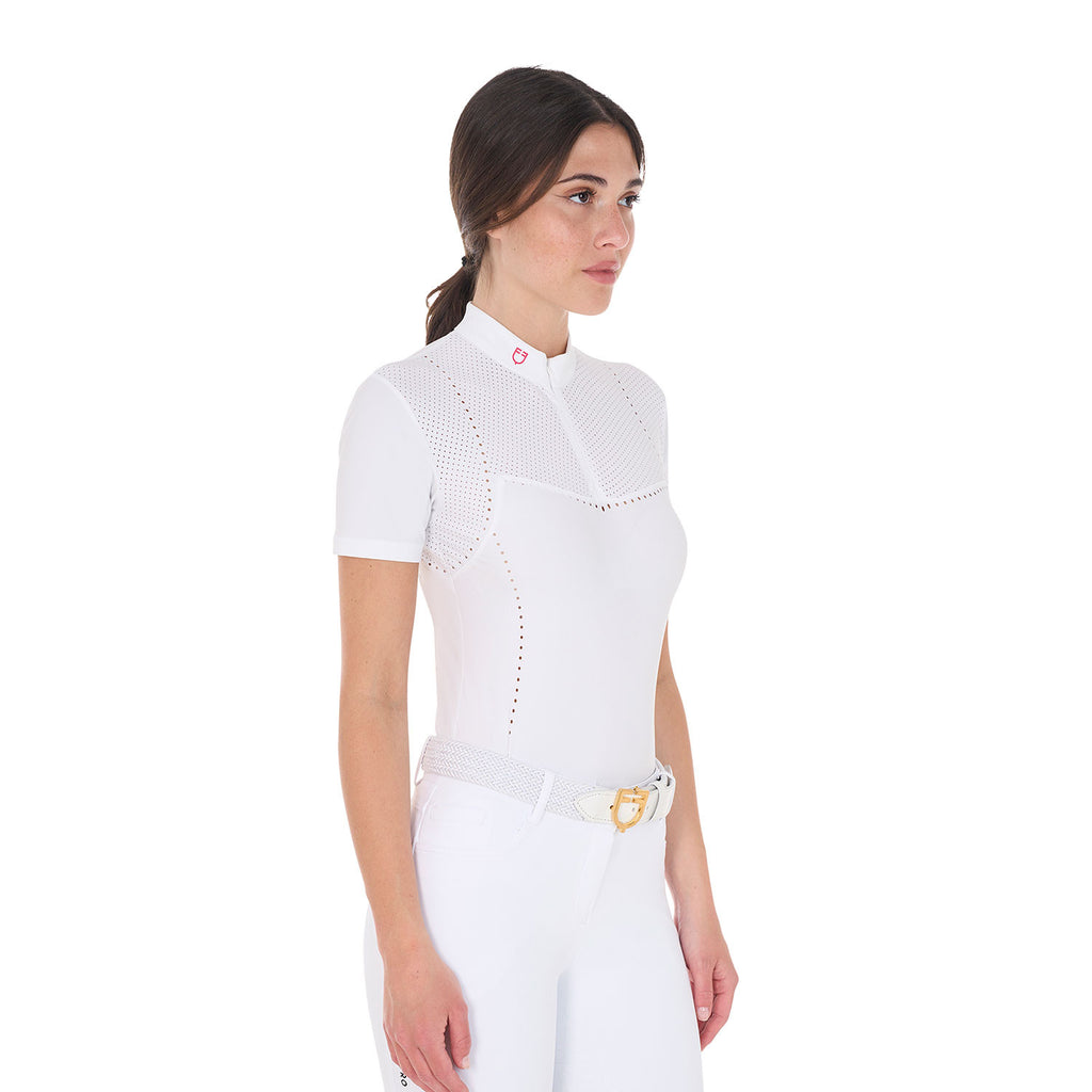 Women's slim fit zipped competition polo shirt in perforated fabric