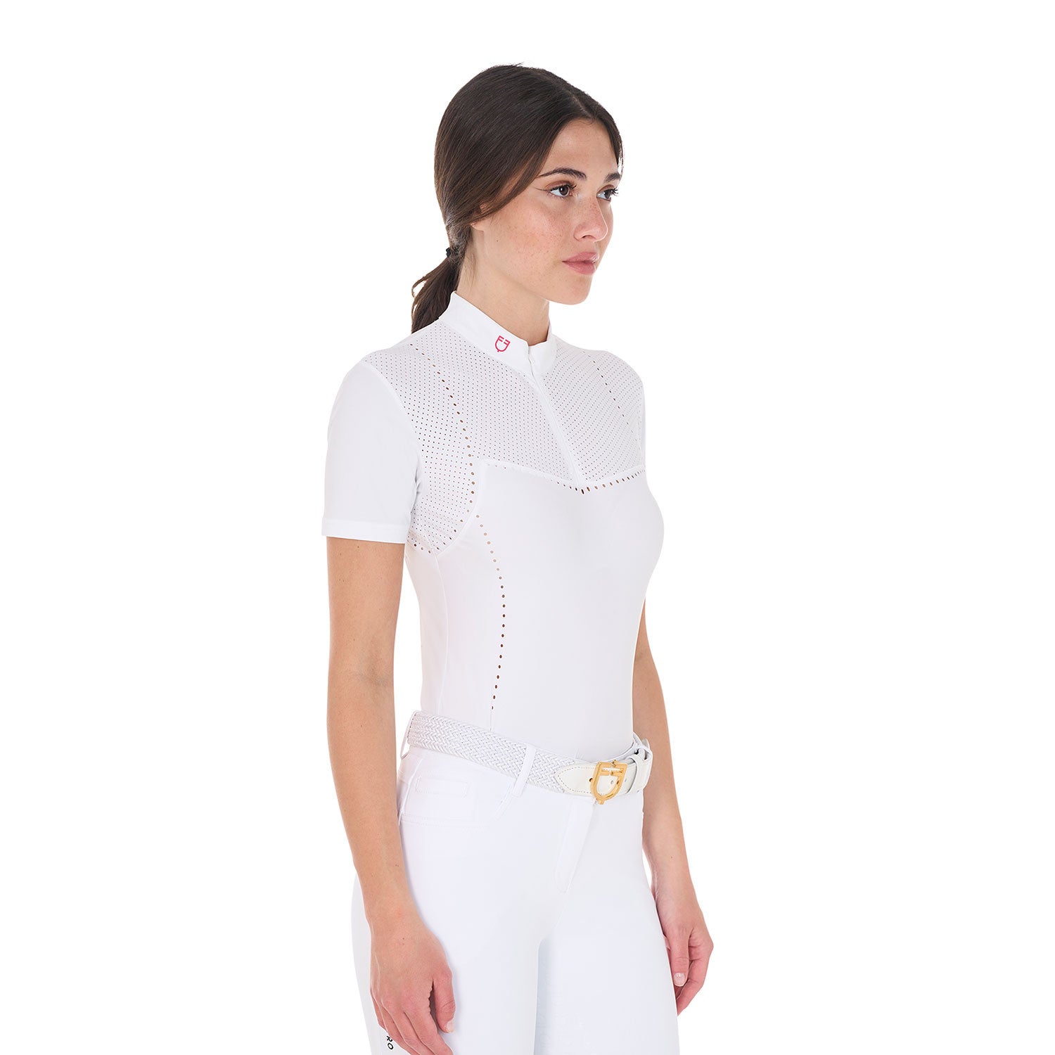 Women's slim fit zipped competition polo shirt in perforated fabric