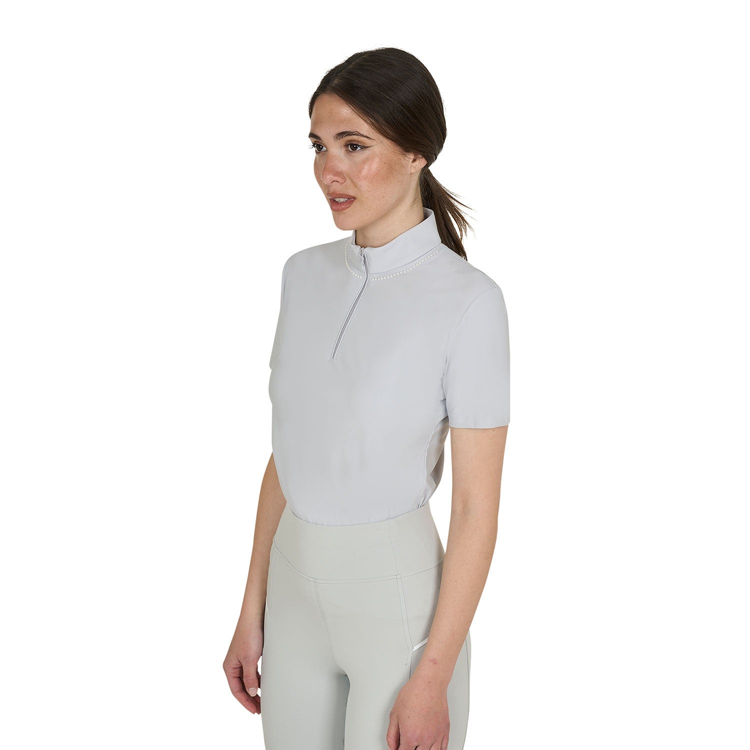 Women's slim fit training polo shirt with zip and collar beads