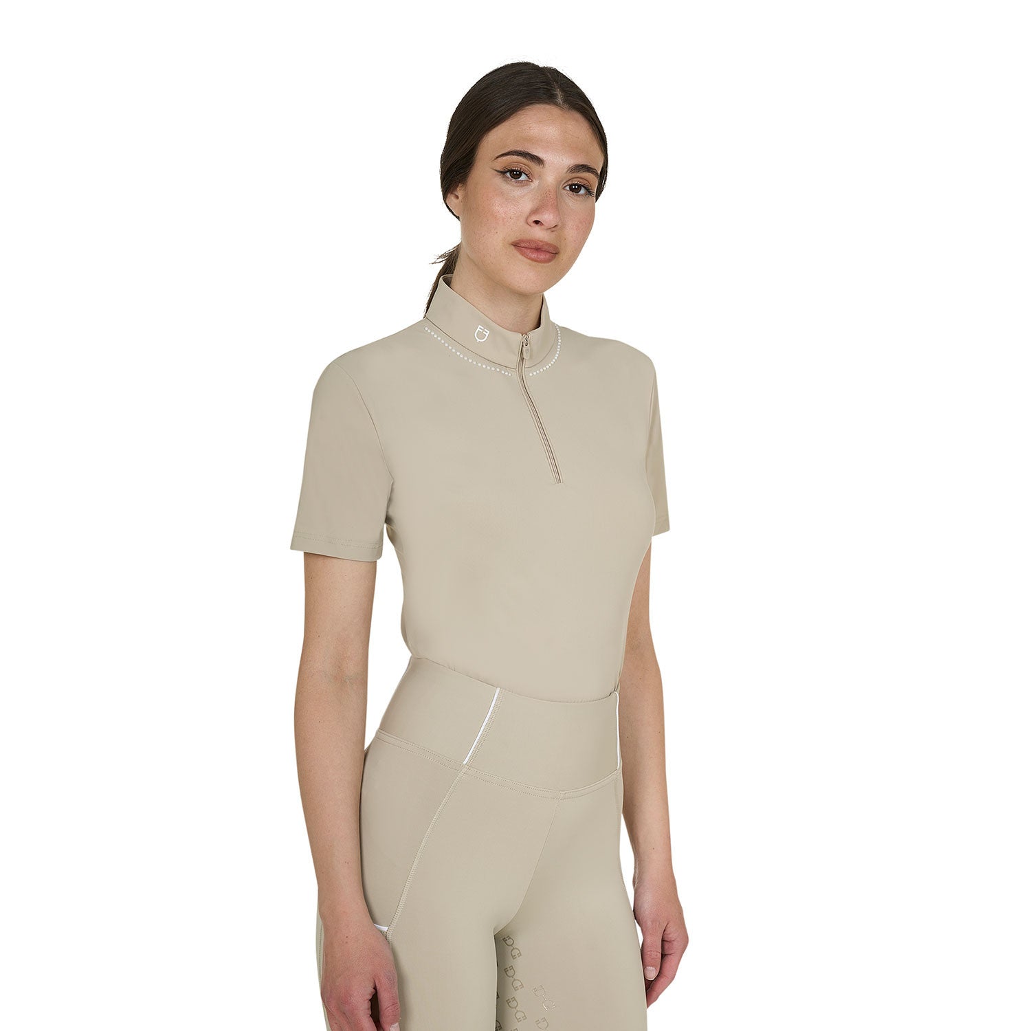 Equestro Women's slim fit training polo shirt with zip and collar beads