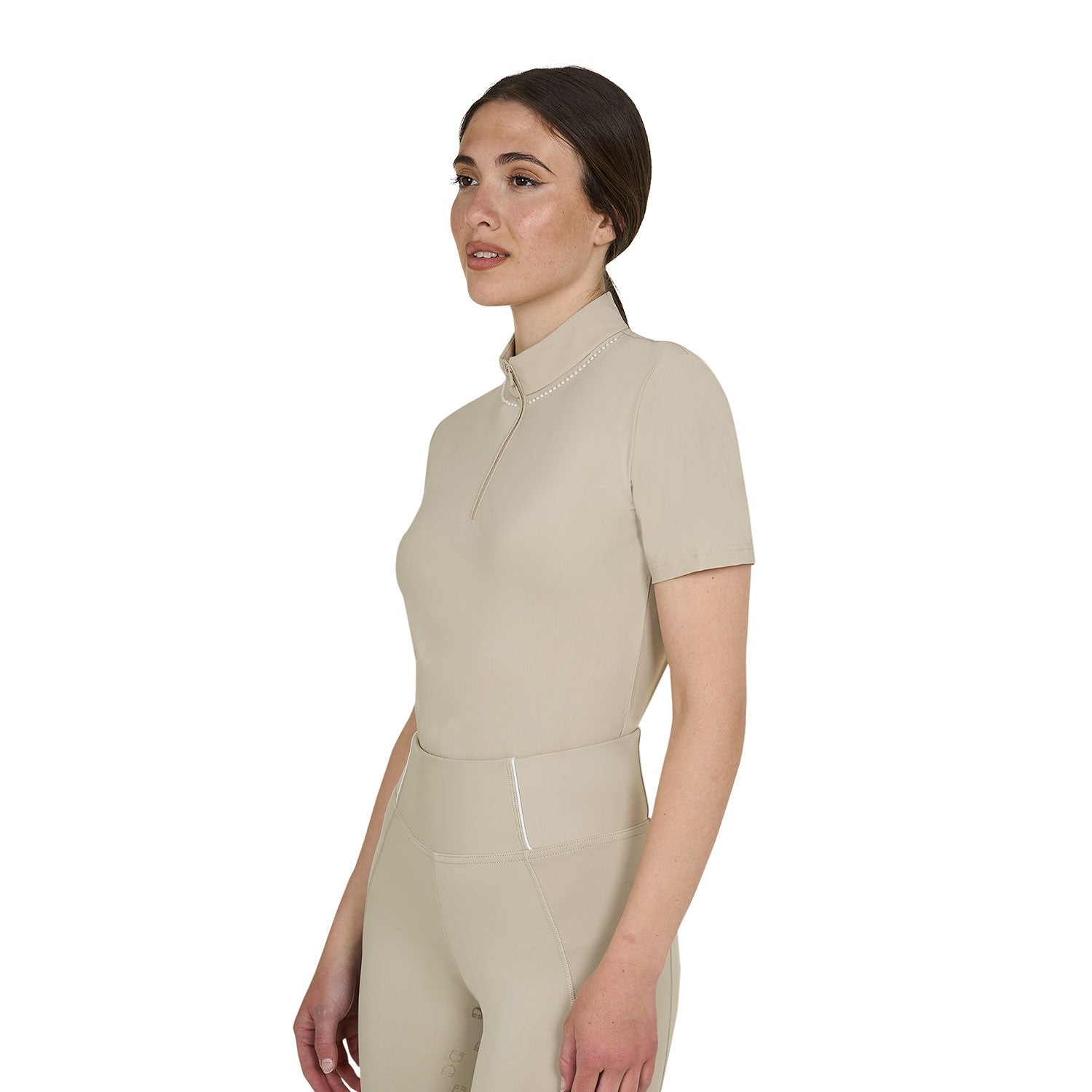 Women's slim fit training polo shirt with zip and collar beads