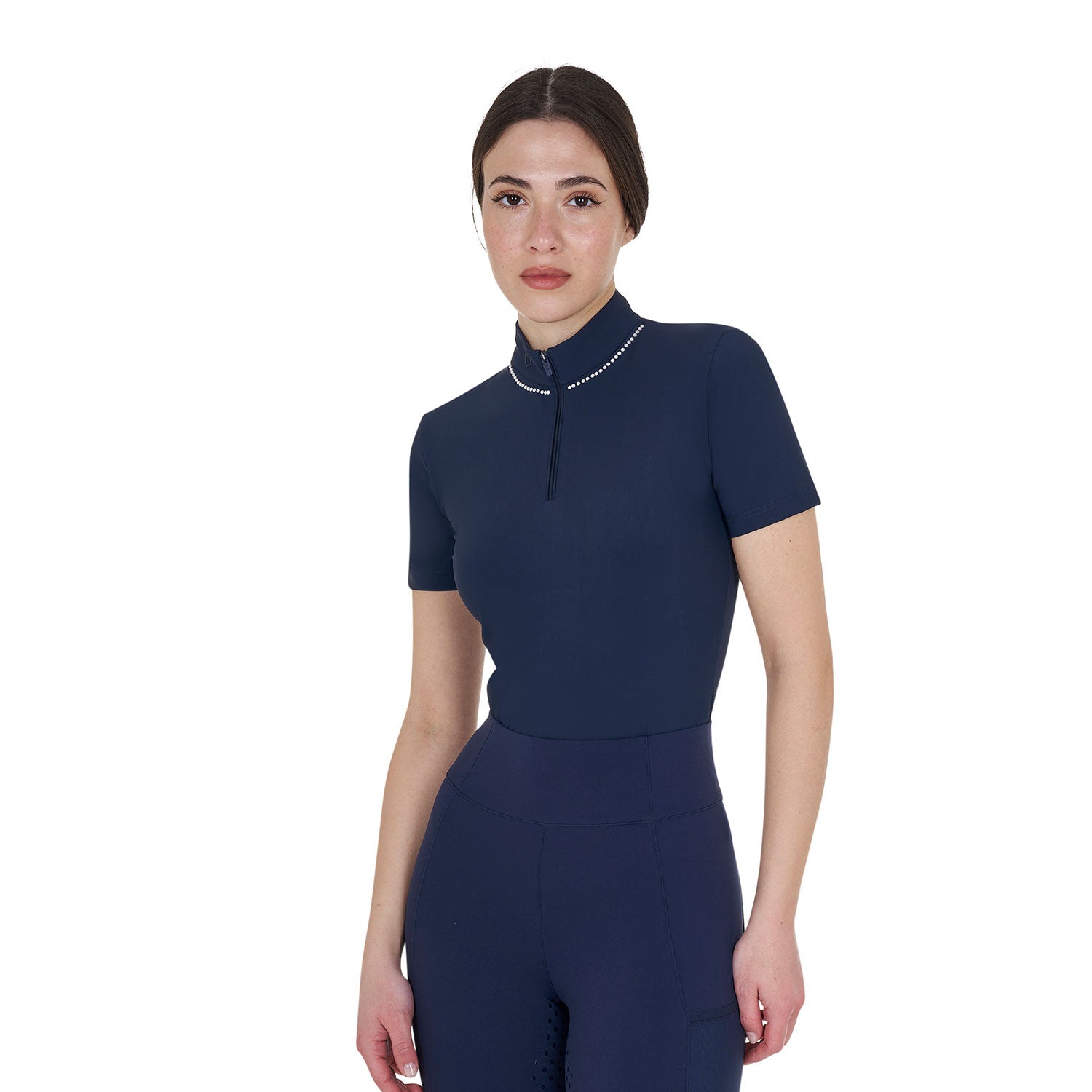 Equestro Women's slim fit training polo shirt with zip and collar beads