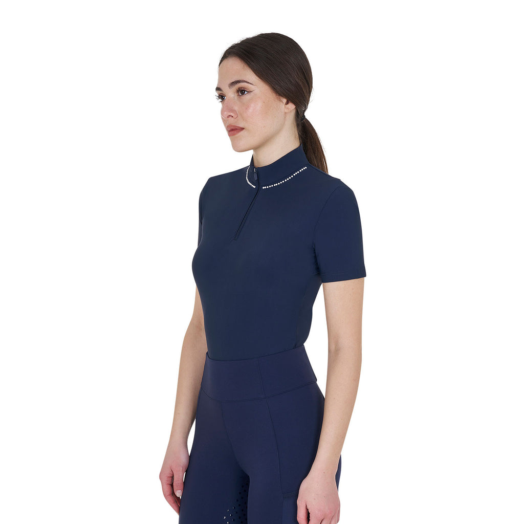 Women's slim fit training polo shirt with zip and collar beads