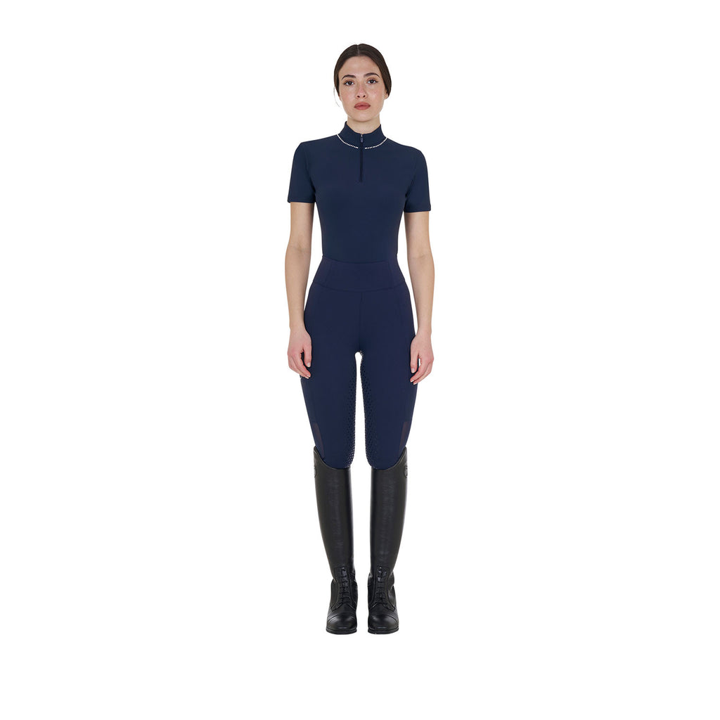 Women's slim fit training polo shirt with zip and collar beads