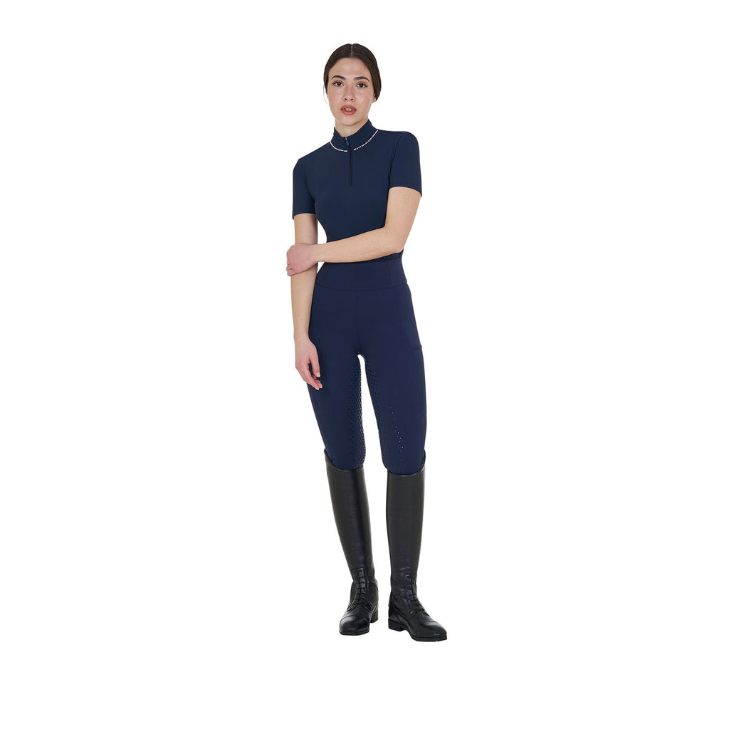 Women's slim fit training polo shirt with zip and collar beads