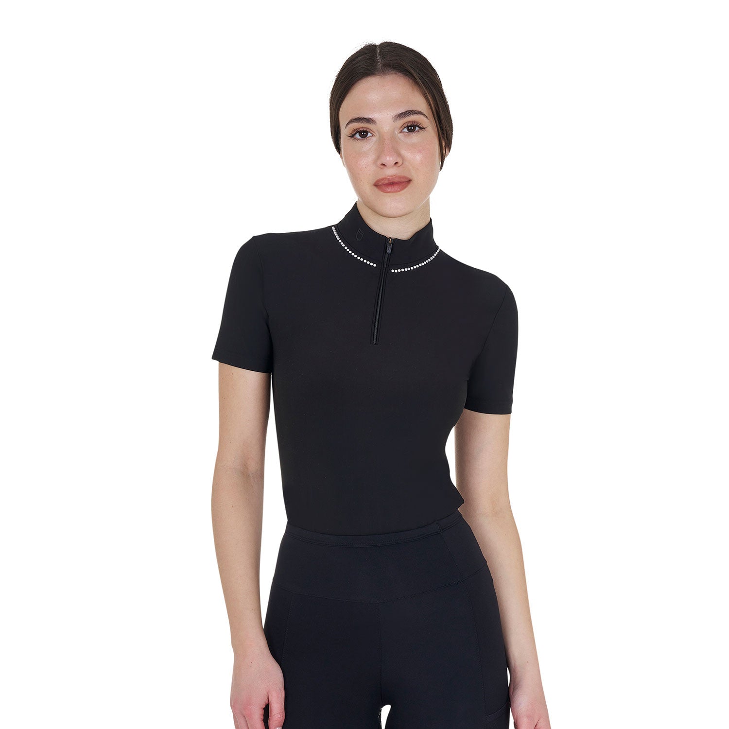 Equestro Women's slim fit training polo shirt with zip and collar beads