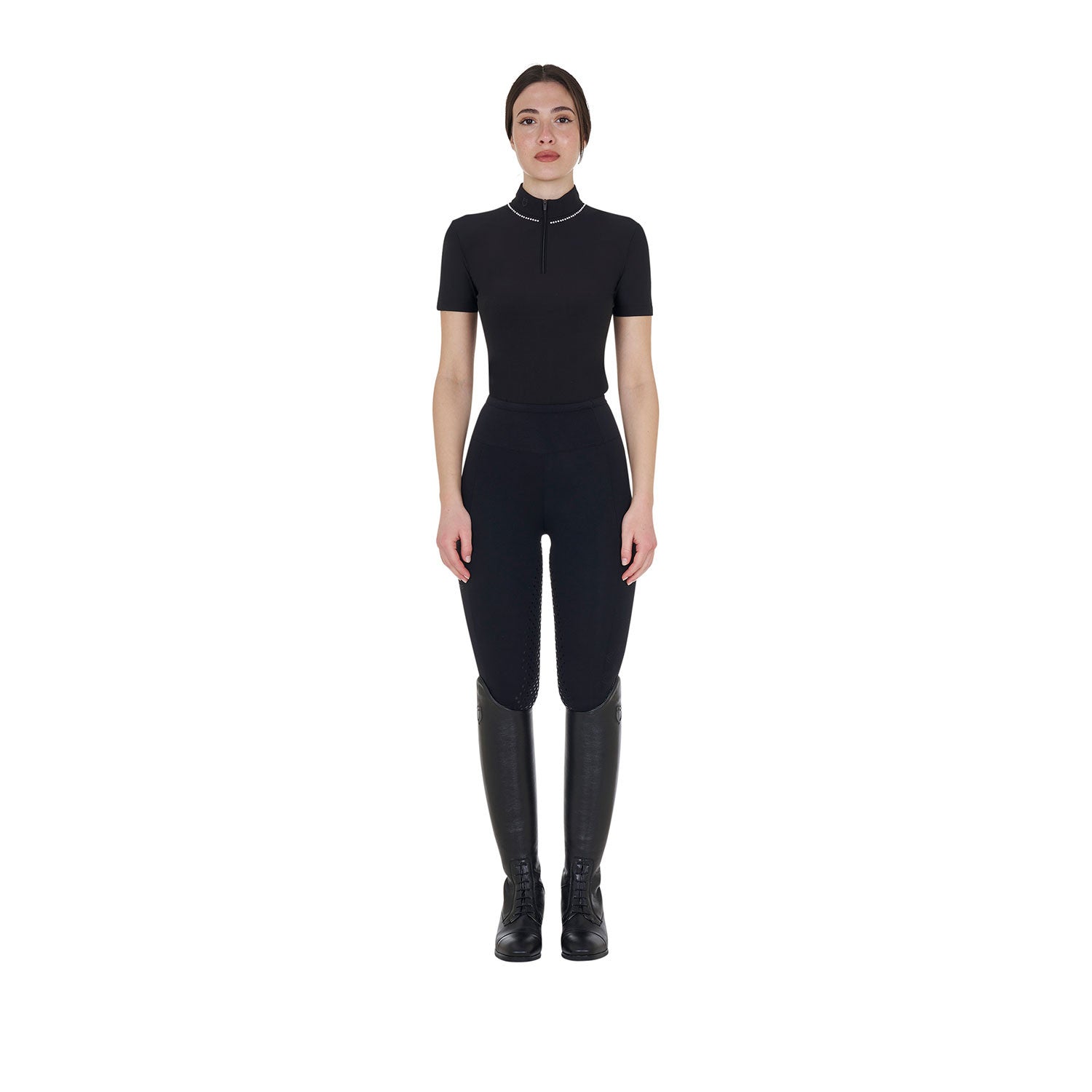 Women's slim fit training polo shirt with zip and collar beads