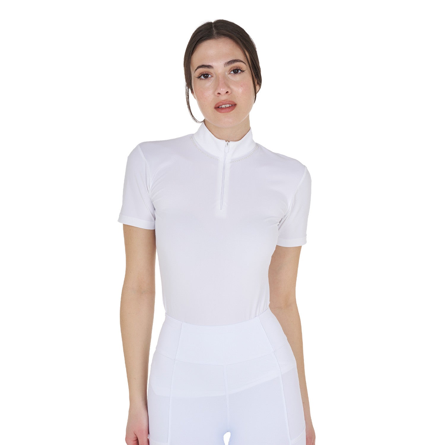 Equestro Women's slim fit training polo shirt with zip and collar beads