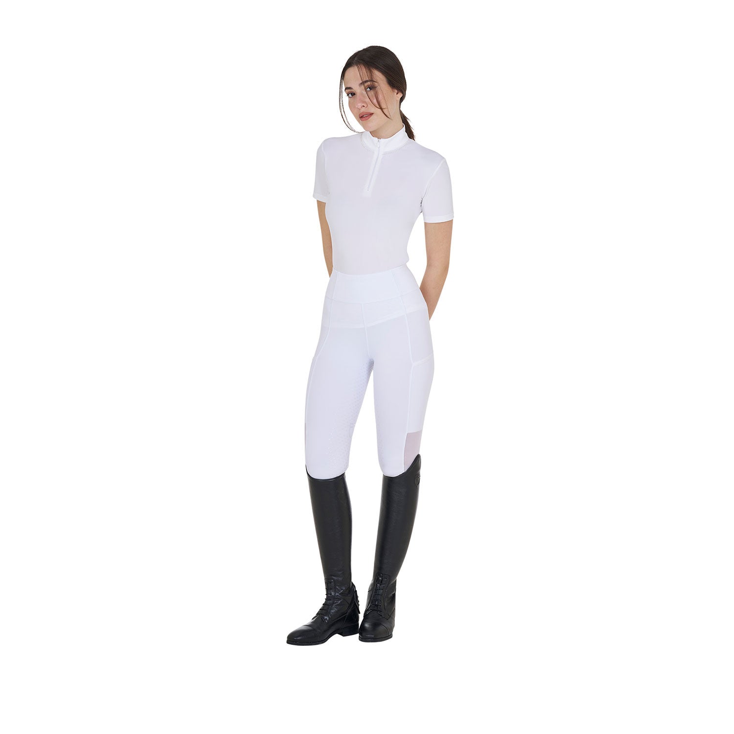 Women's slim fit training polo shirt with zip and collar beads