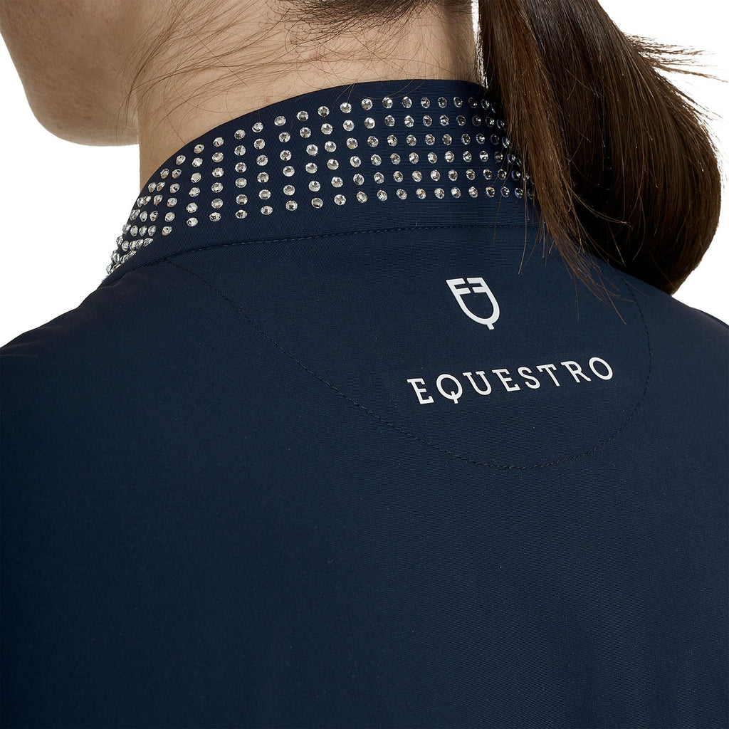 Women's slim fit training polo shirt with zip and collar rhinestones