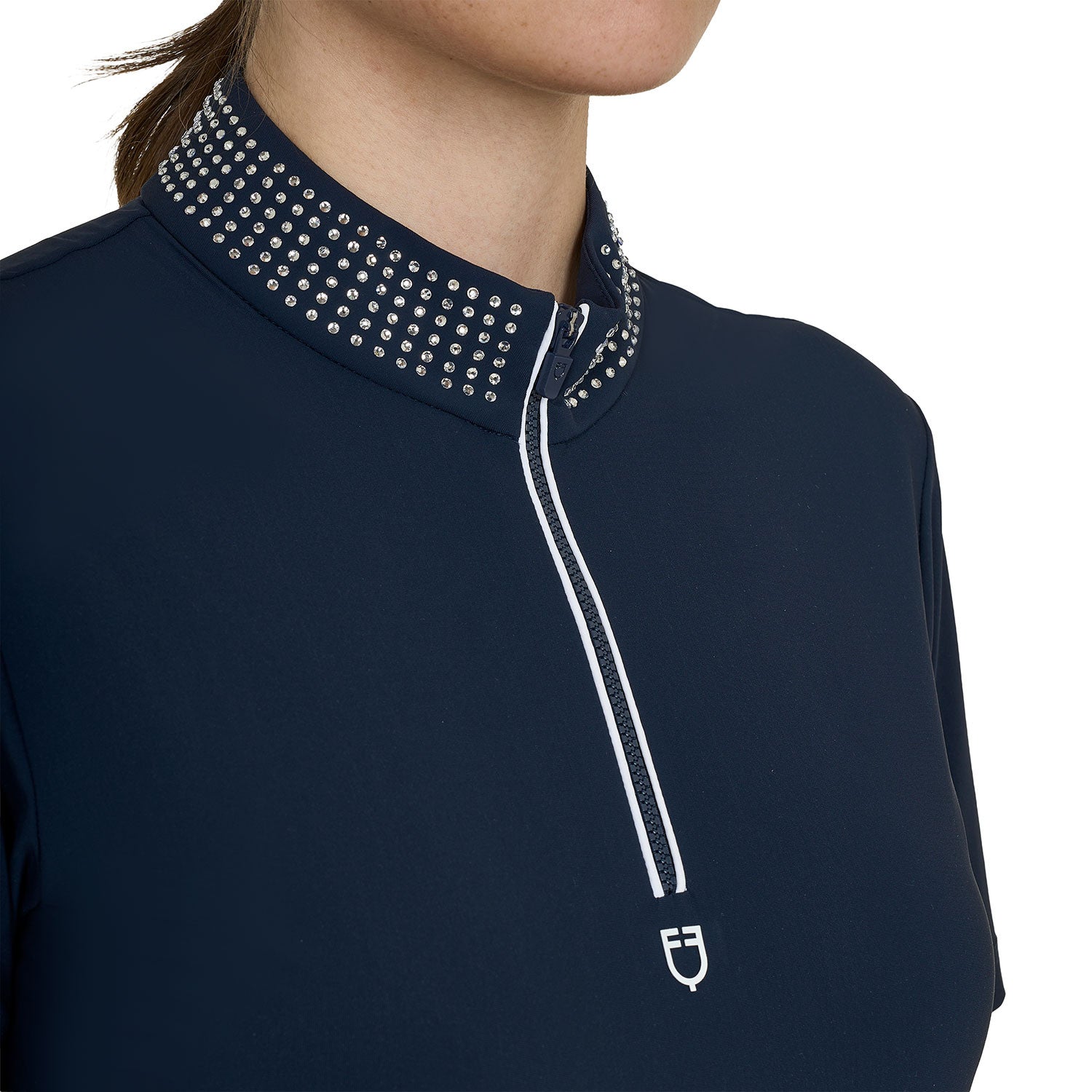 Women's slim fit training polo shirt with zip and collar rhinestones