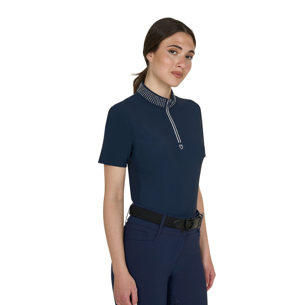 Women's slim fit training polo shirt with zip and collar rhinestones