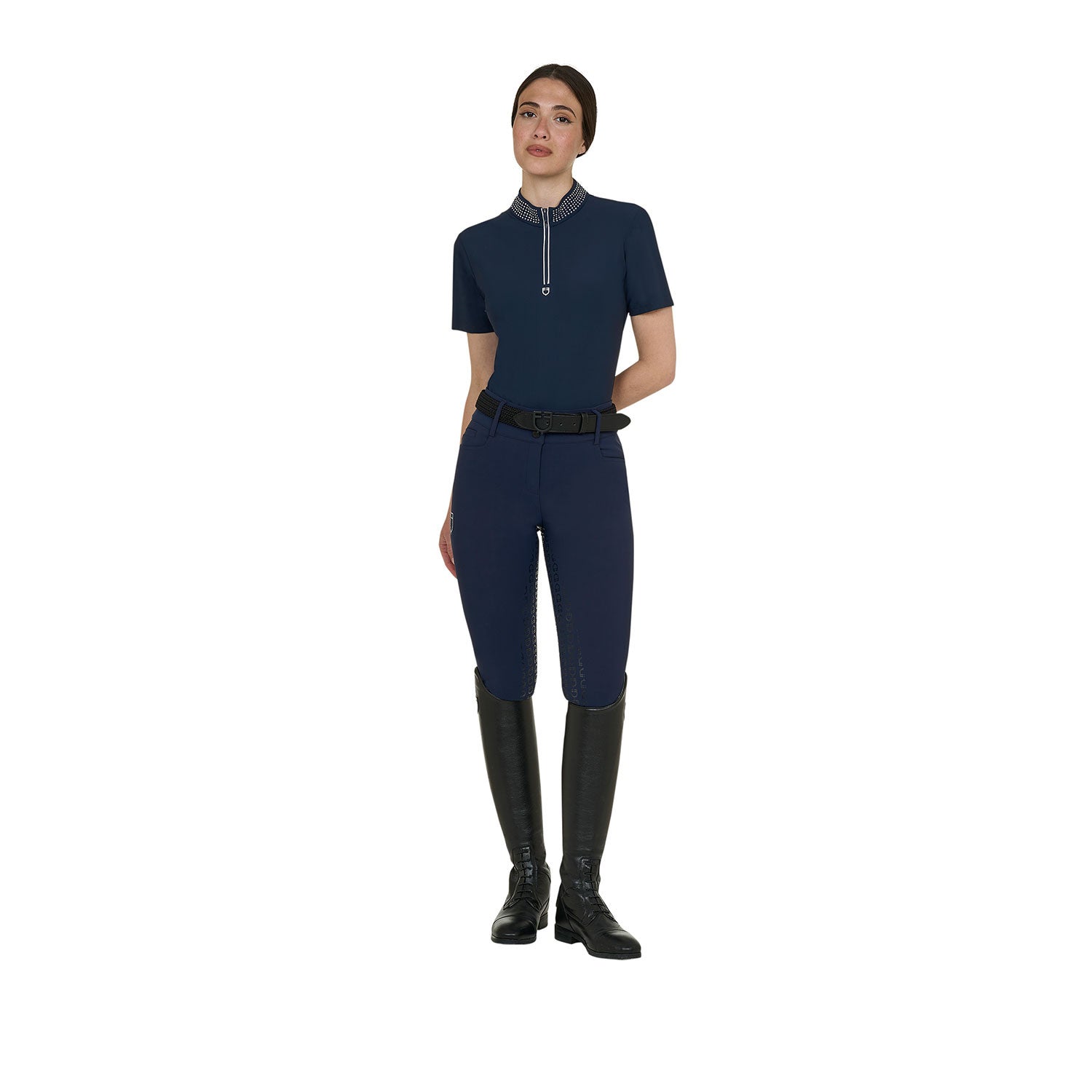 Women's slim fit training polo shirt with zip and collar rhinestones
