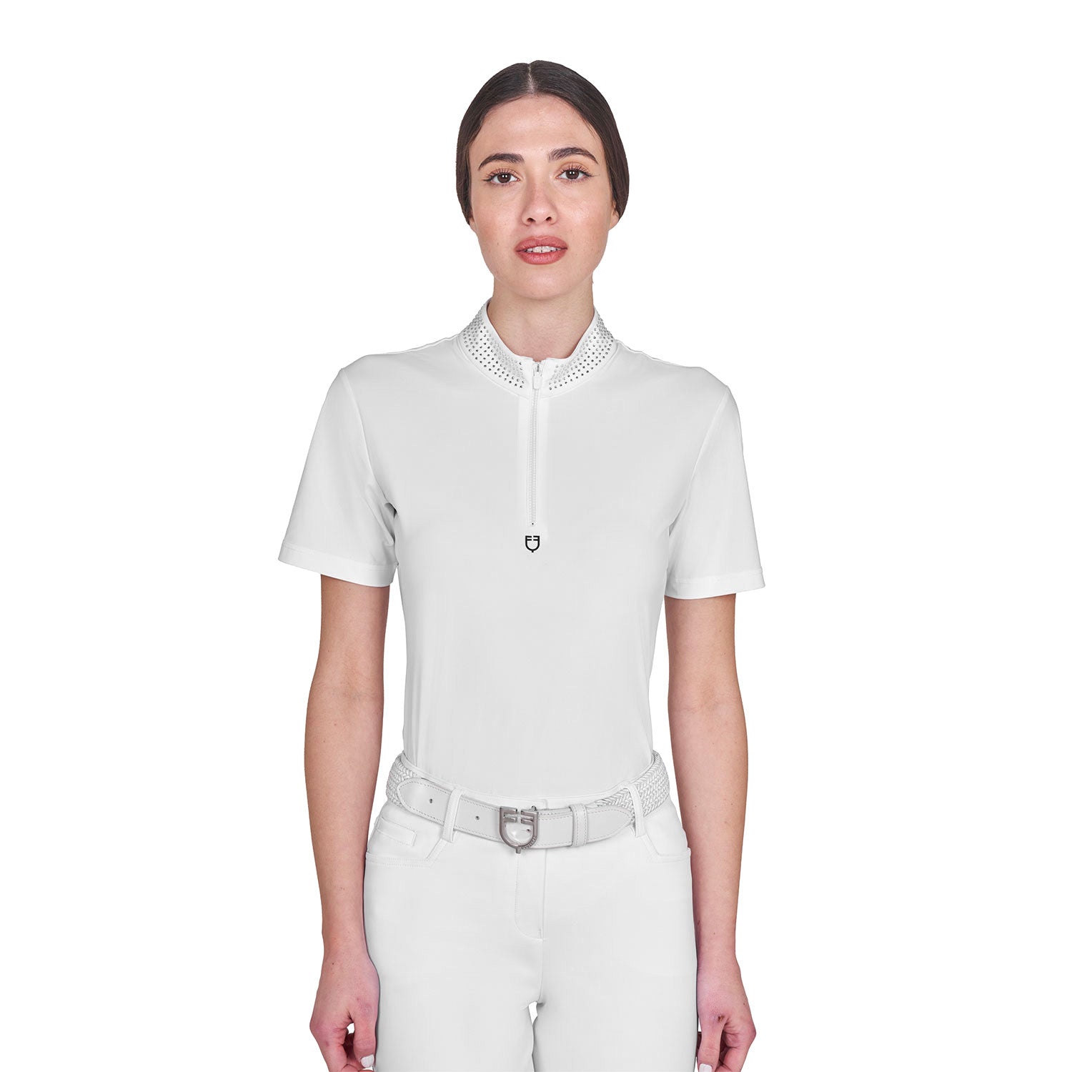 Equestro Women's slim fit training polo shirt with zip and collar rhinestones
