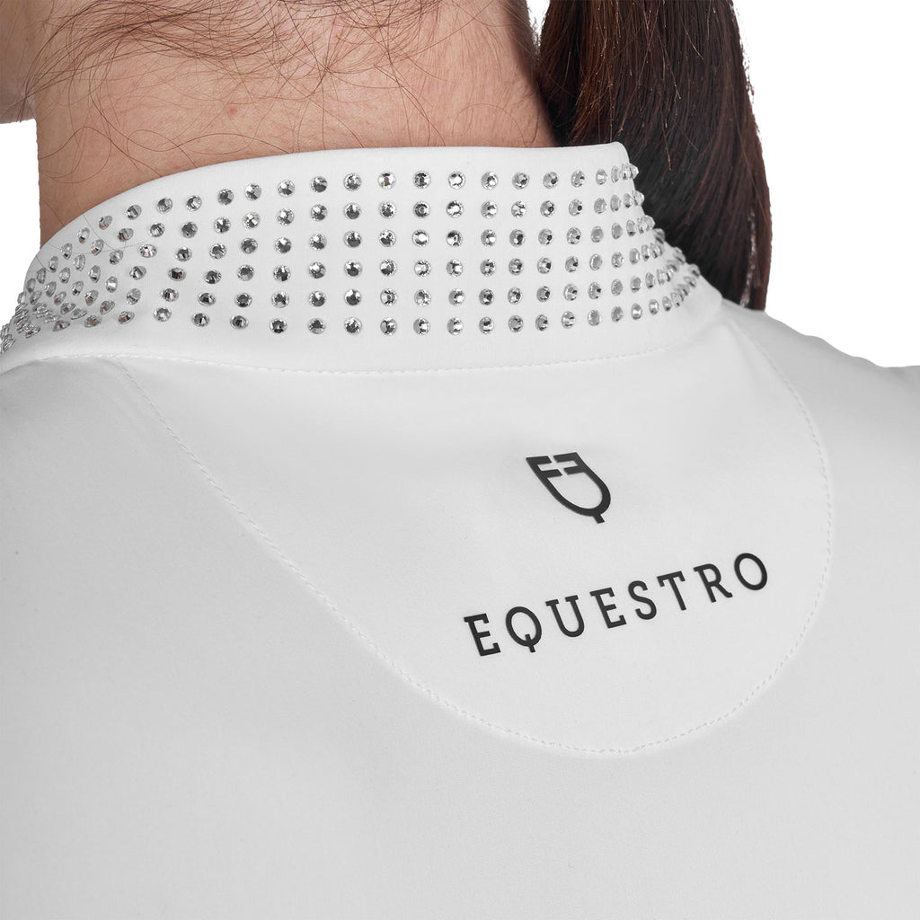 Women's slim fit training polo shirt with zip and collar rhinestones