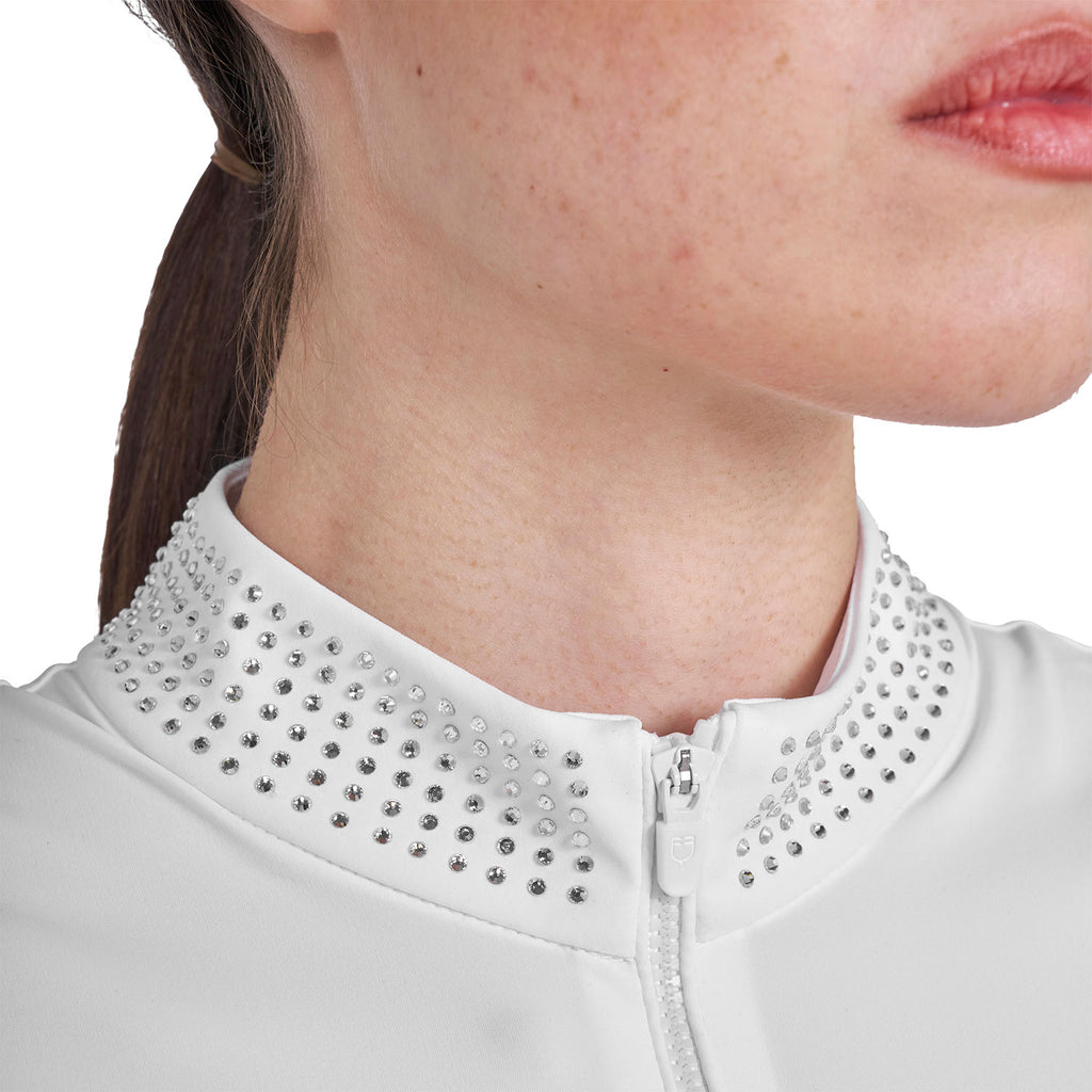 Women's slim fit training polo shirt with zip and collar rhinestones