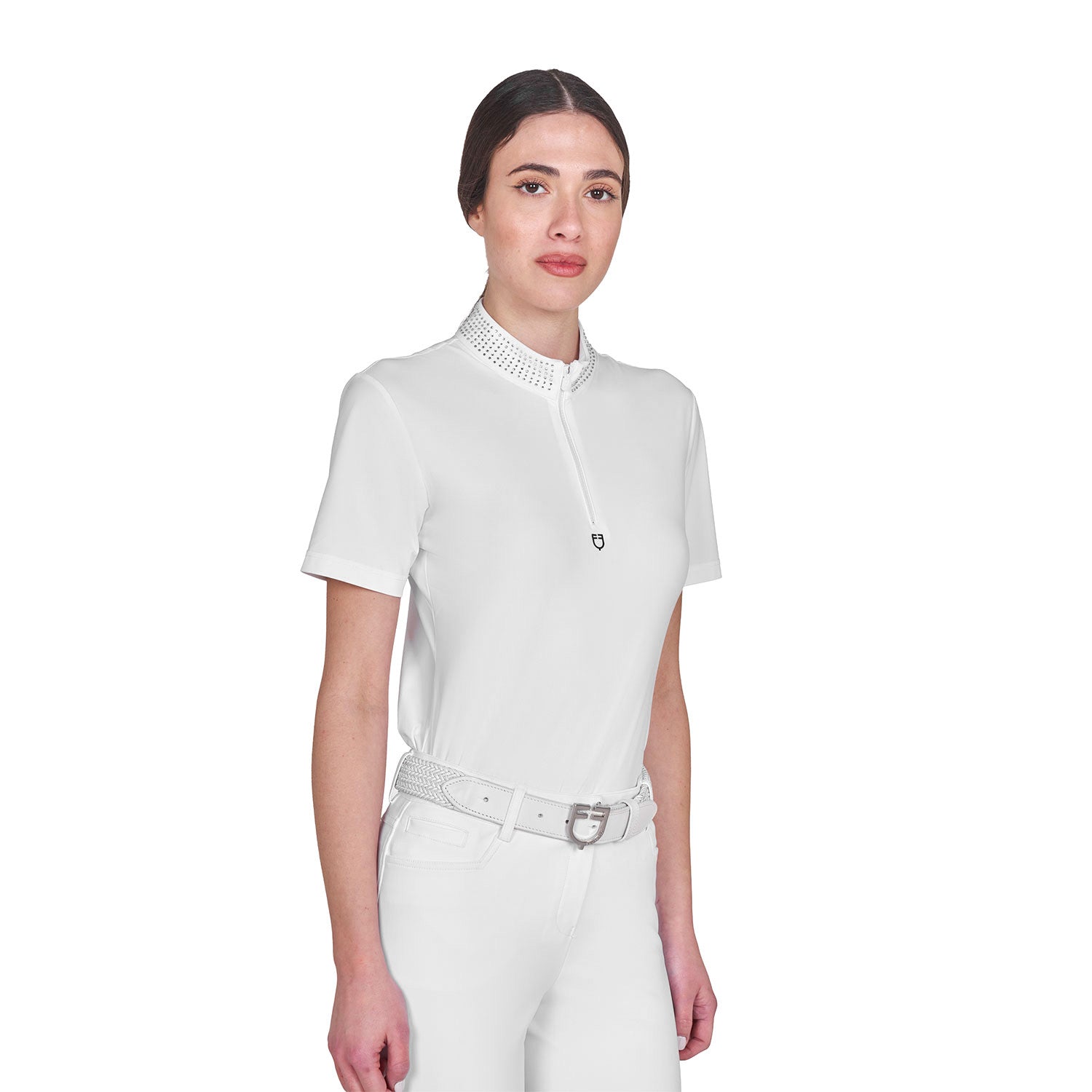 Women's slim fit training polo shirt with zip and collar rhinestones