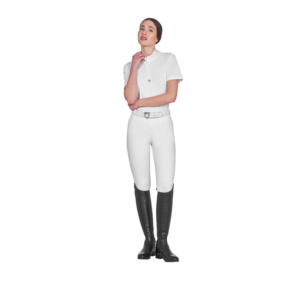Women's slim fit training polo shirt with zip and collar rhinestones