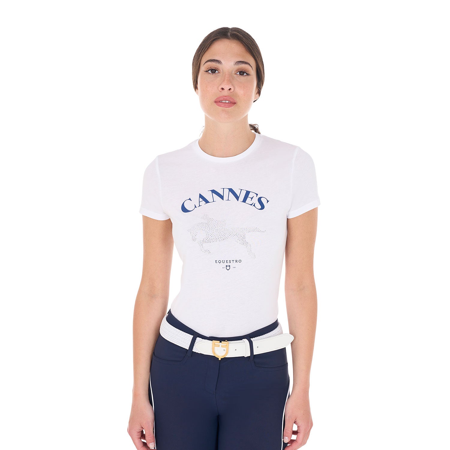 Equestro Women's Cannes cotton T-shirt with rhinestones