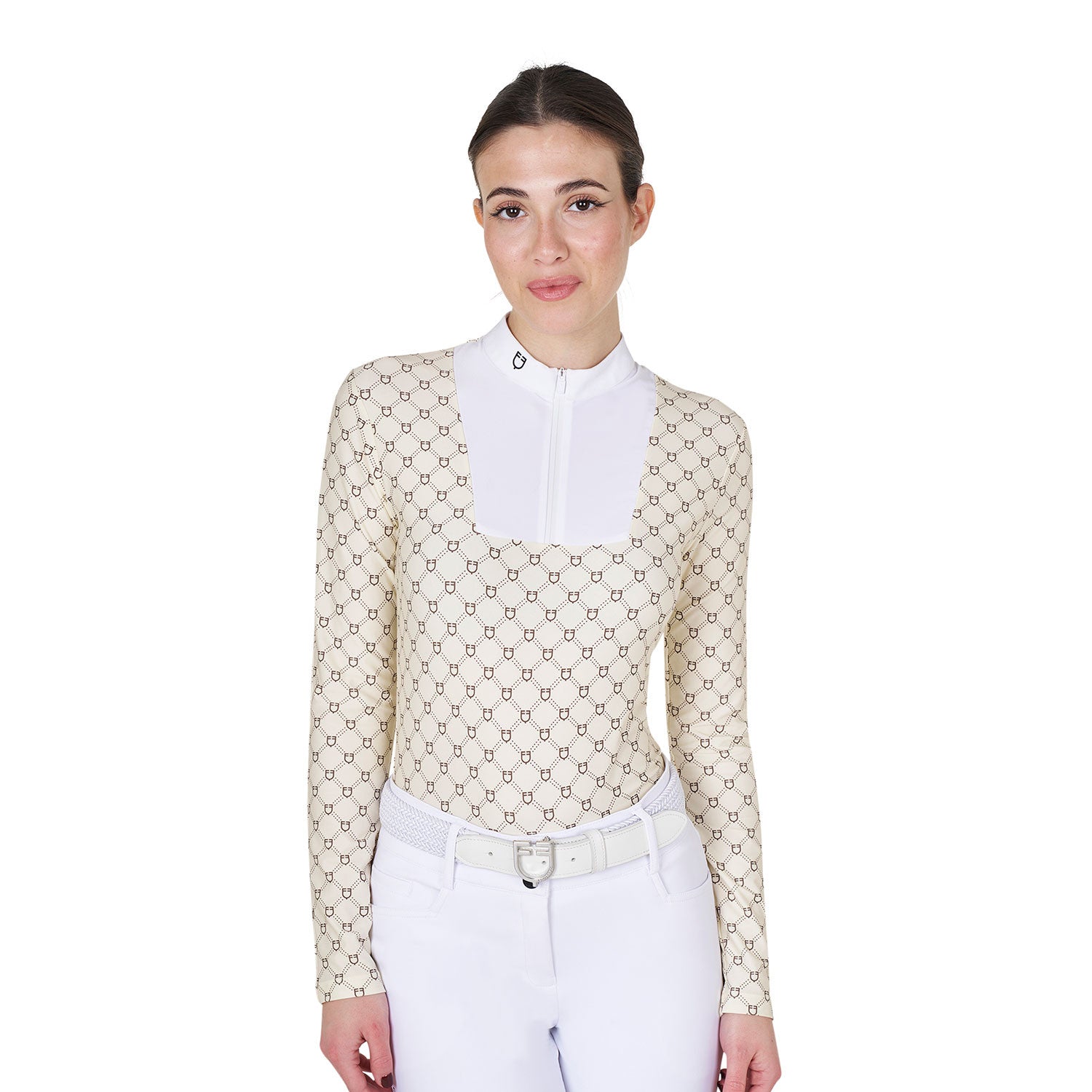 Women's long-sleeved competition polo shirt with monogram print